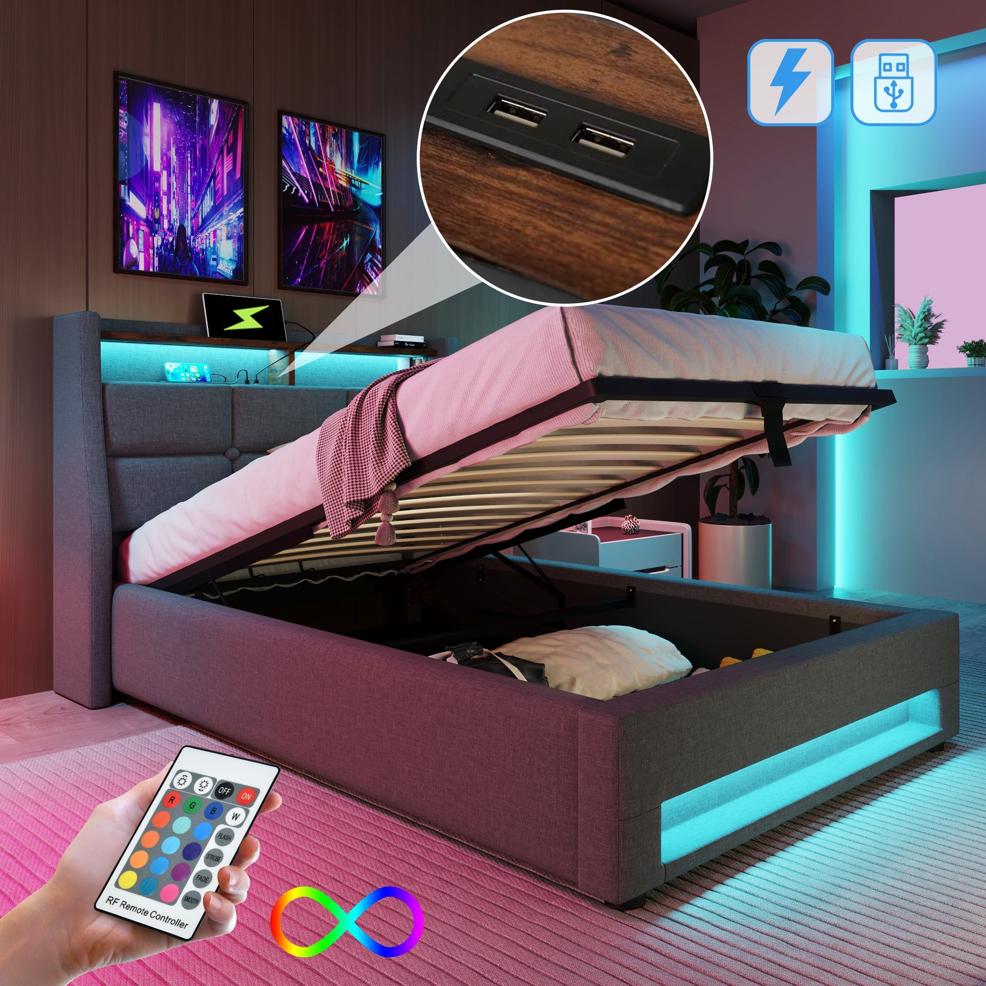 Logidon gestoffeerd bed 90x200 grijs met USB en LED-verlichting