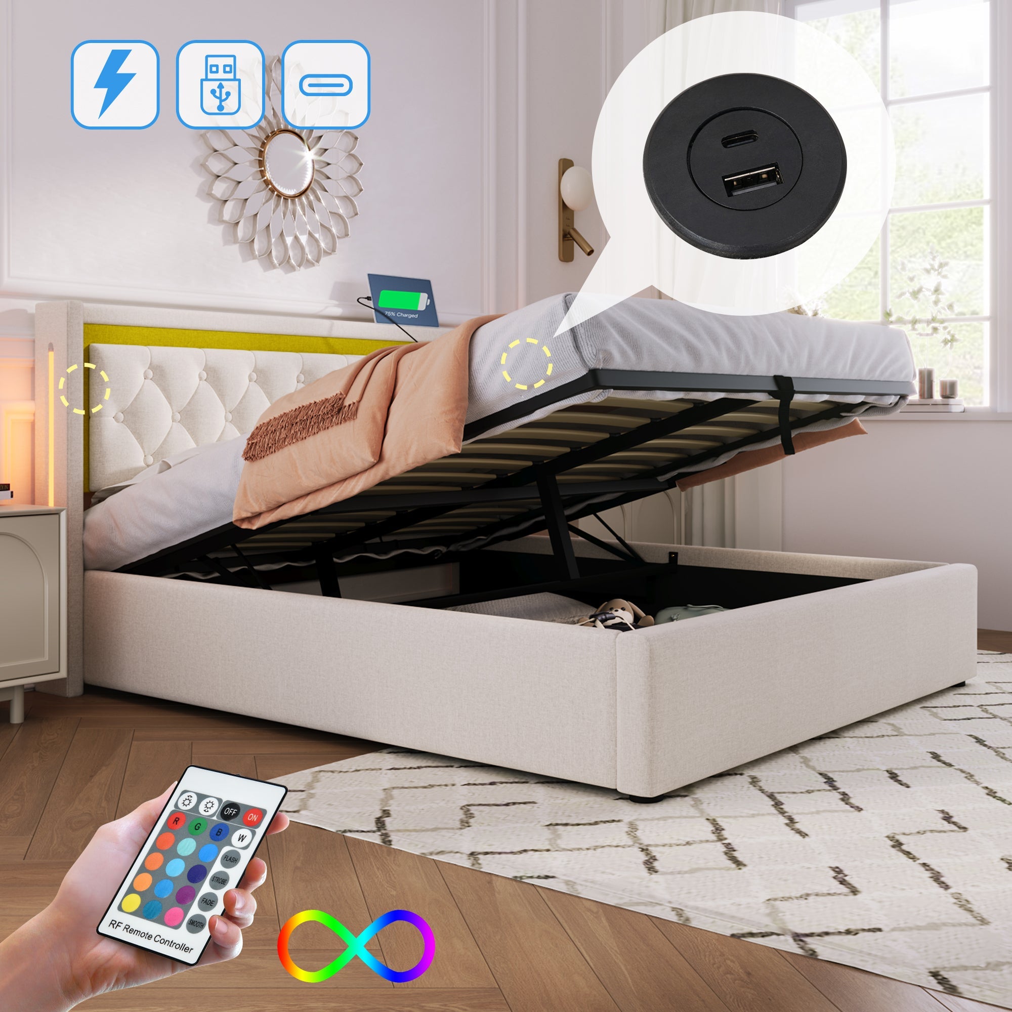 Logidon LED gestoffeerd bed beige 160x200 tweepersoonsbed met opbergruimte USB Type-C