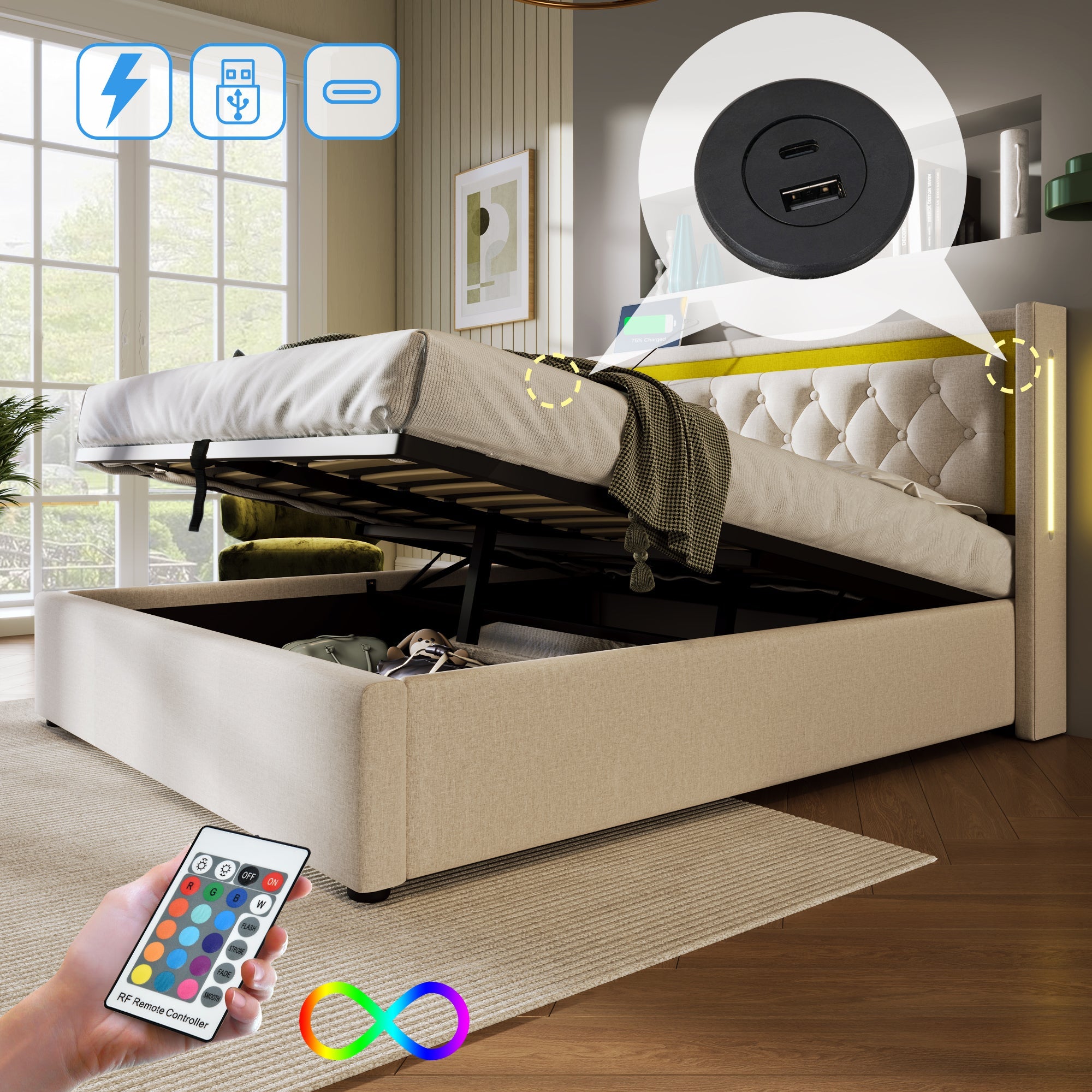 Logidon LED gestoffeerd bed beige 160x200 tweepersoonsbed met opbergruimte USB Type-C
