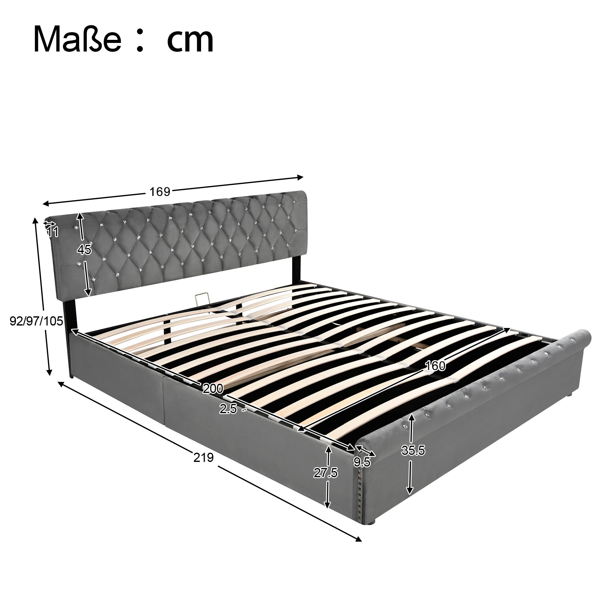 Logidon gestoffeerd bed 160x200 grijs fluweel met in hoogte verstelbaar hoofdeinde