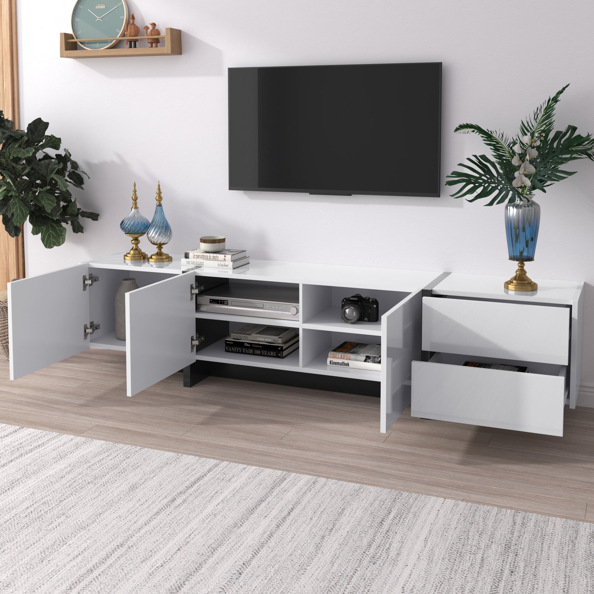 Logidon TV-meubel modern lowboard hoogglans wit zwarte accenten