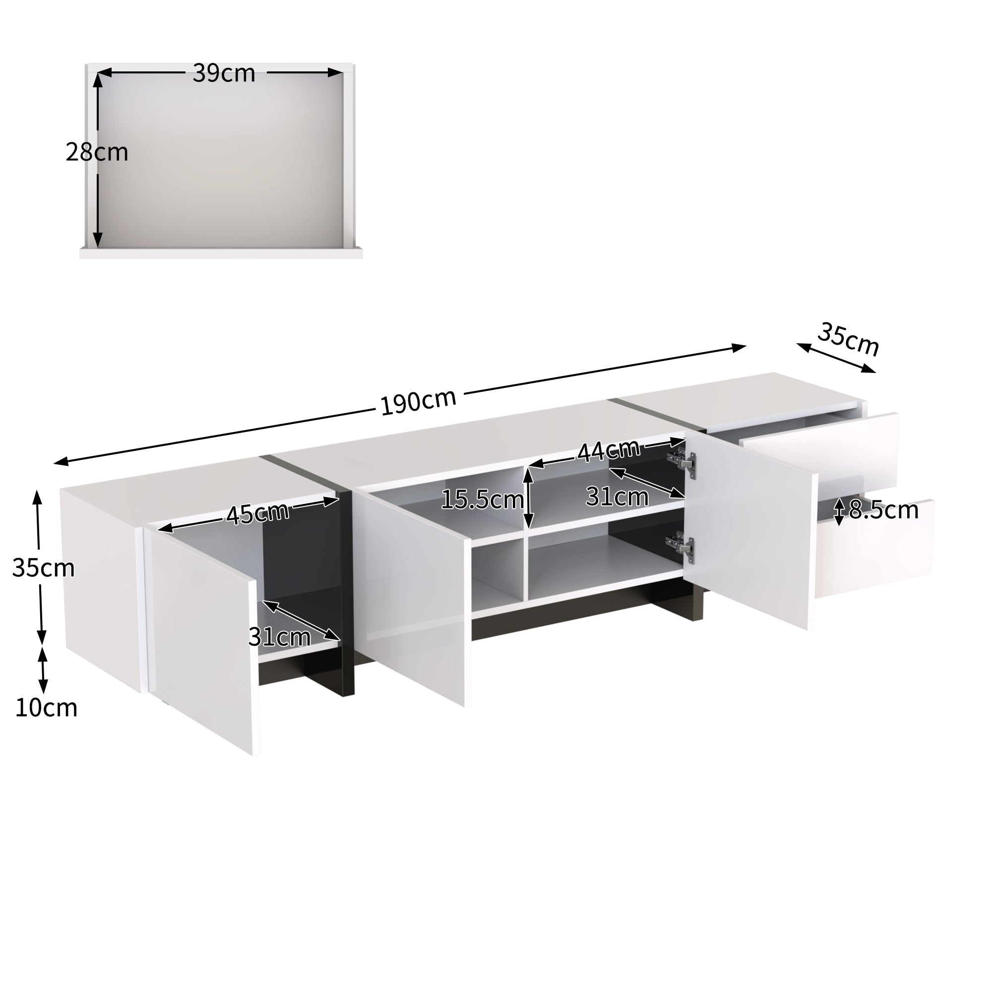 Logidon TV-meubel modern lowboard hoogglans wit zwarte accenten