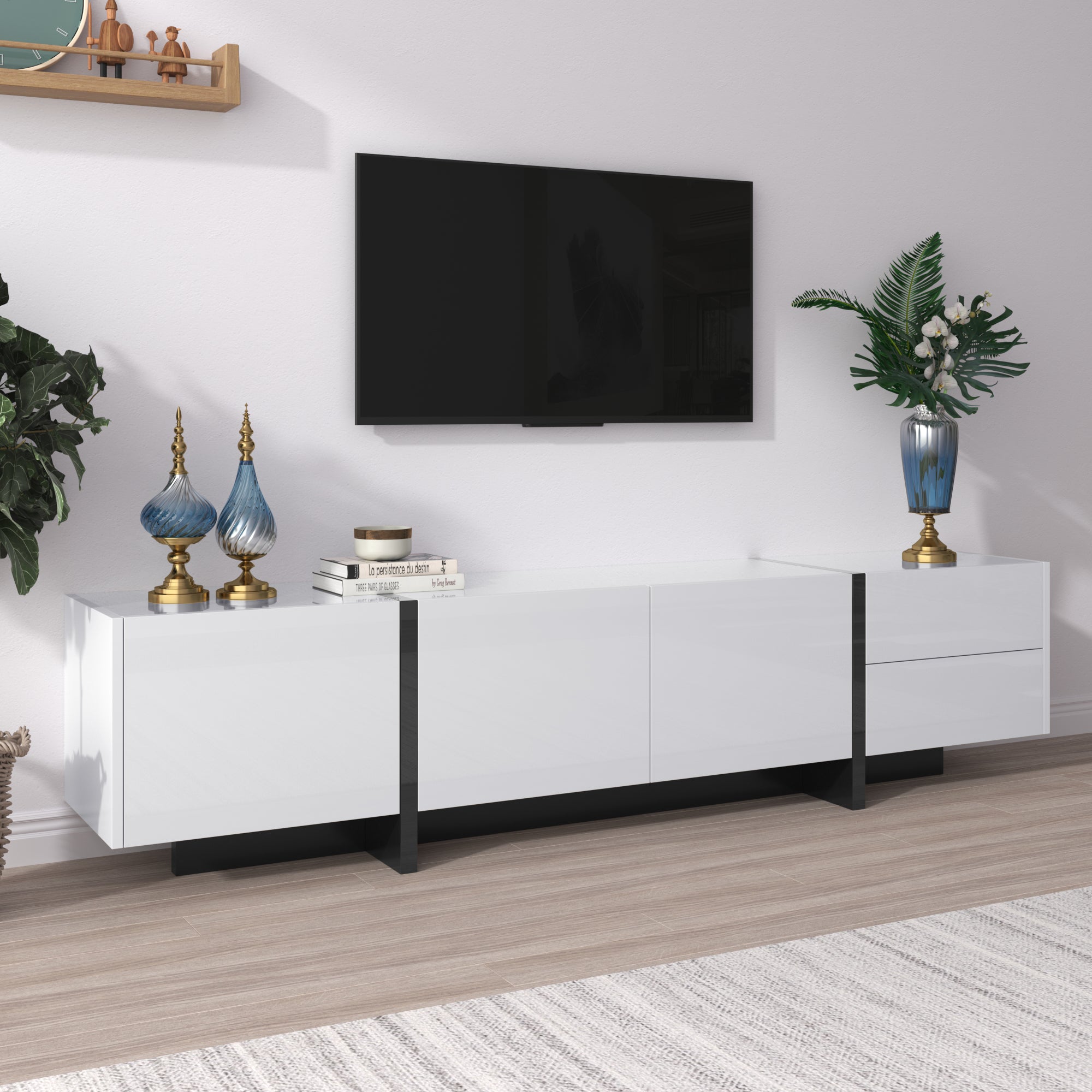 Logidon TV-meubel modern lowboard hoogglans wit zwarte accenten