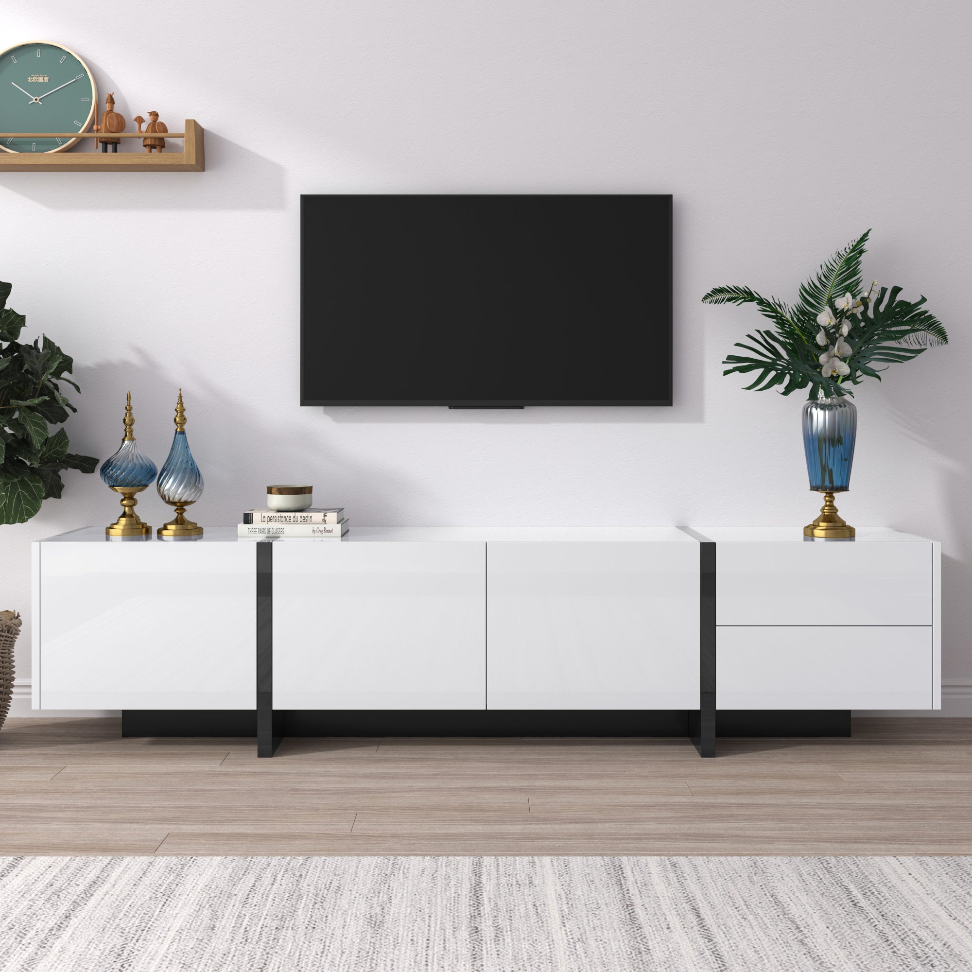 Logidon TV-meubel modern lowboard hoogglans wit zwarte accenten