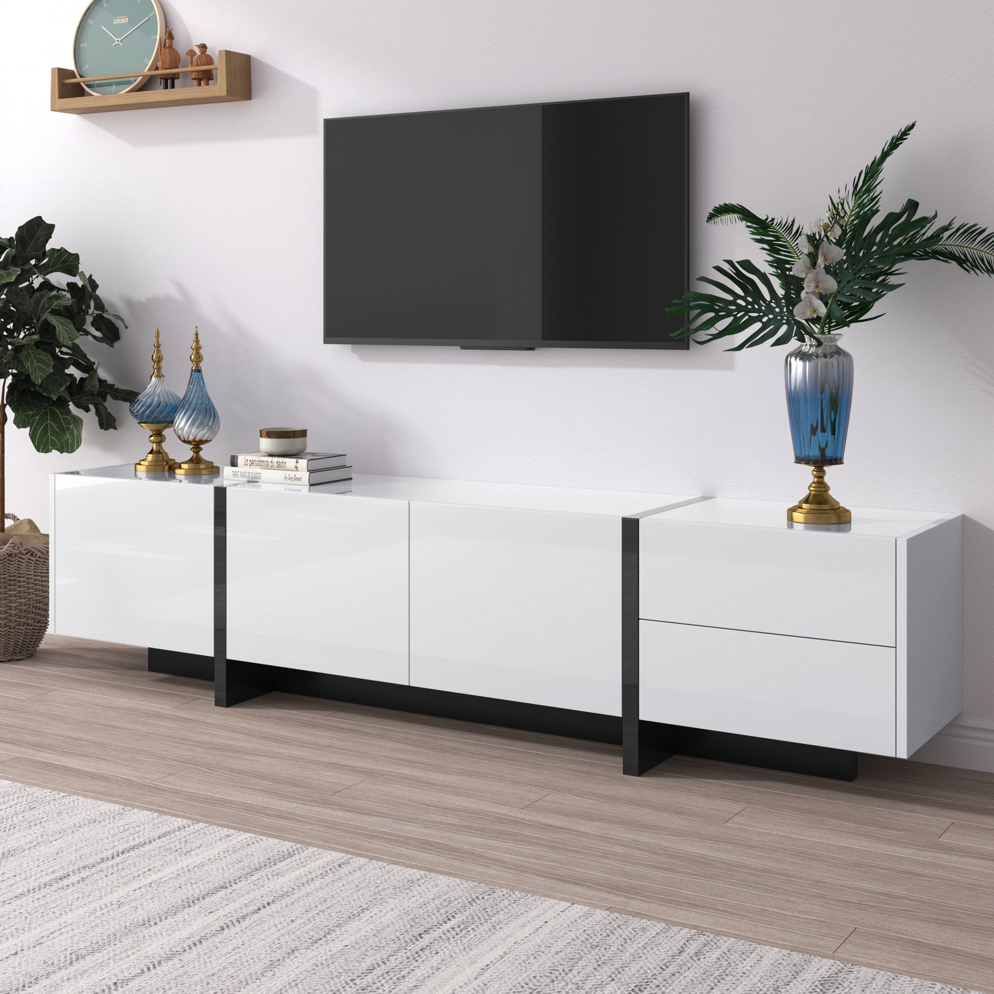 Logidon TV-meubel modern lowboard hoogglans wit zwarte accenten