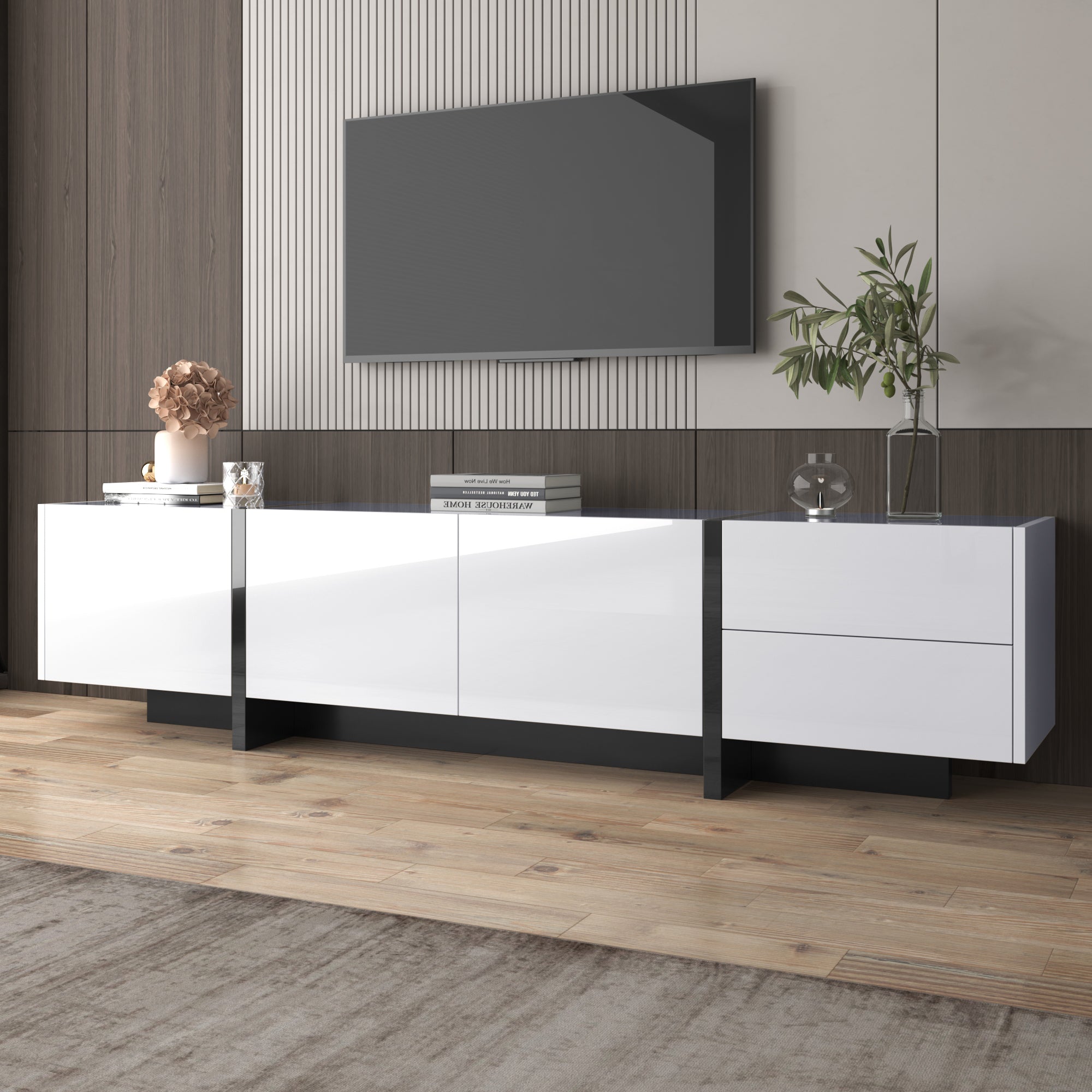 Logidon TV-meubel modern lowboard hoogglans wit zwarte accenten