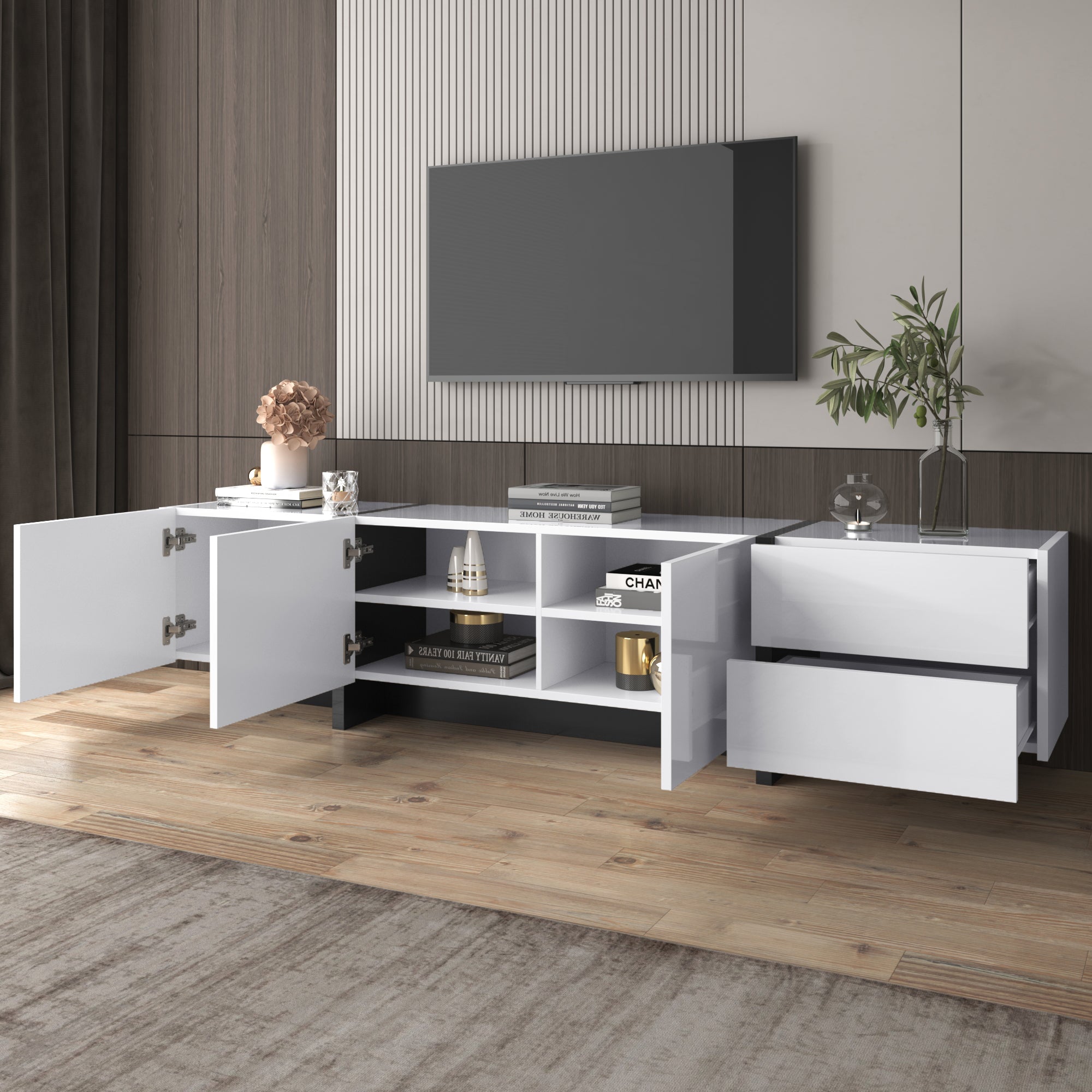 Logidon TV-meubel modern lowboard hoogglans wit zwarte accenten