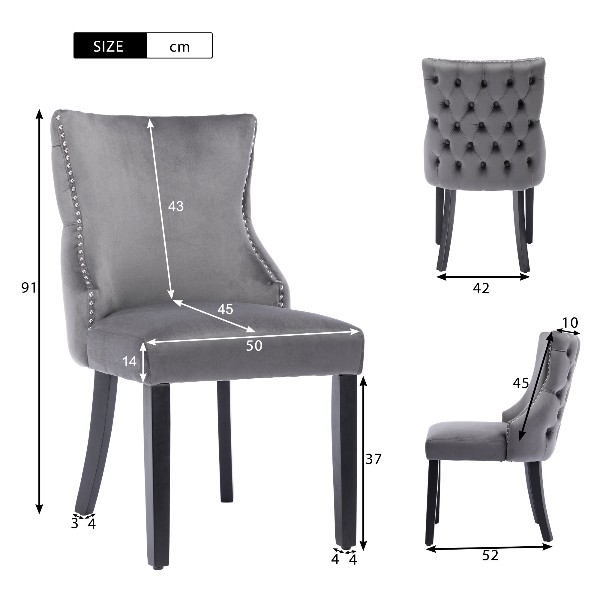 Logidon Gray Velvet 4-Foot Chair Button Stitching Solid Wood Frame Set of 6
