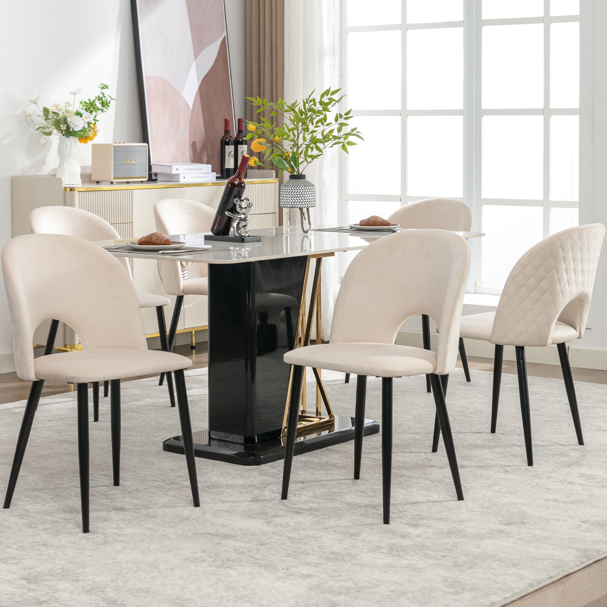 Logidon Eetkamerstoelen Beige Fluweel Set van 6 met Rugleuning