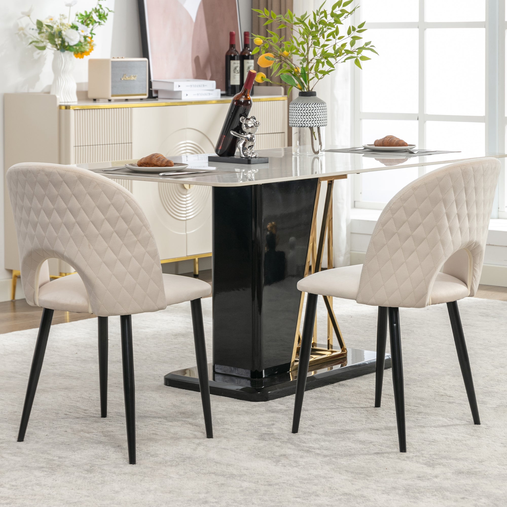Logidon Dining Chair Set of 2 Beige Velvet with Padded Backrest