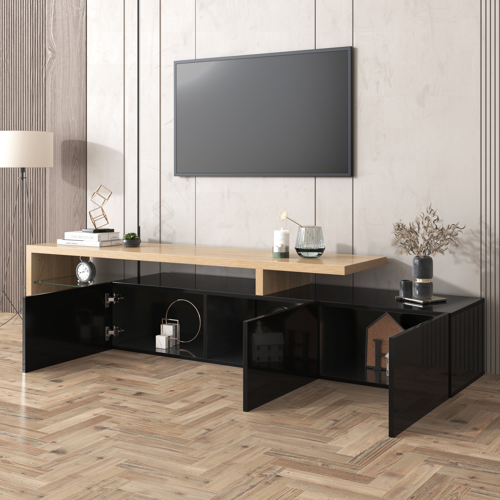 Logidon Modern TV-meubel 197,5 centimeter hoogglans zwarte LED-verlichting