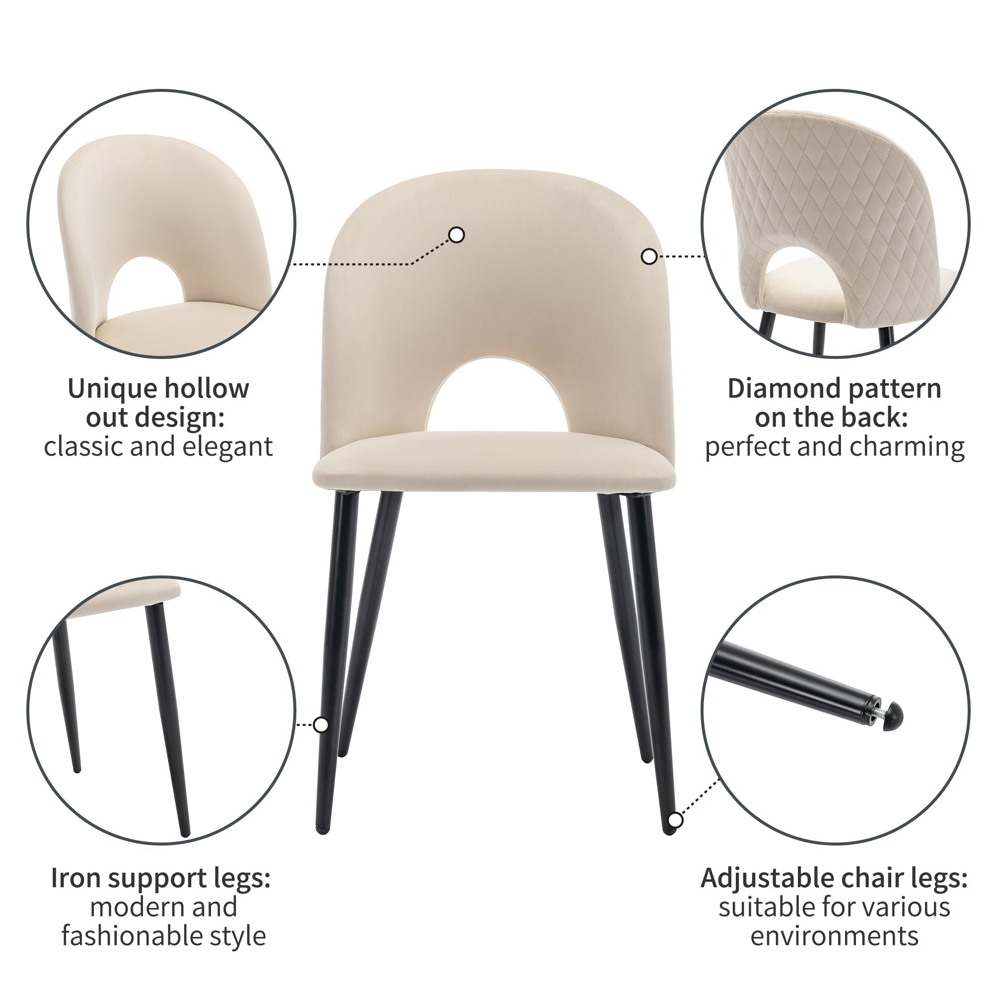 Logidon Eettafelset 140x80cm Eettafelset met 4 stoelen Beige fluweel ruitpatroon