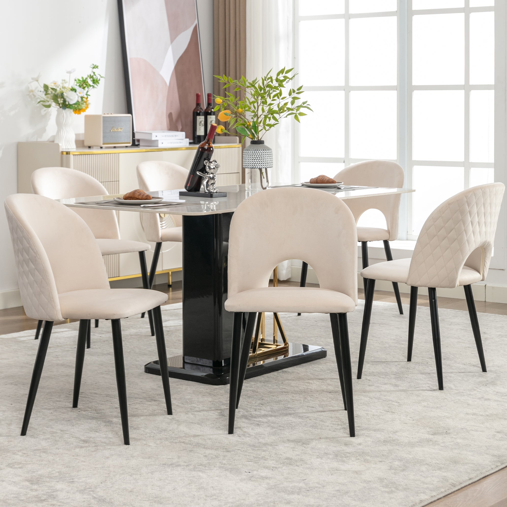 Logidon Eetkamerstoelen Beige Fluweel Set van 6 met Rugleuning