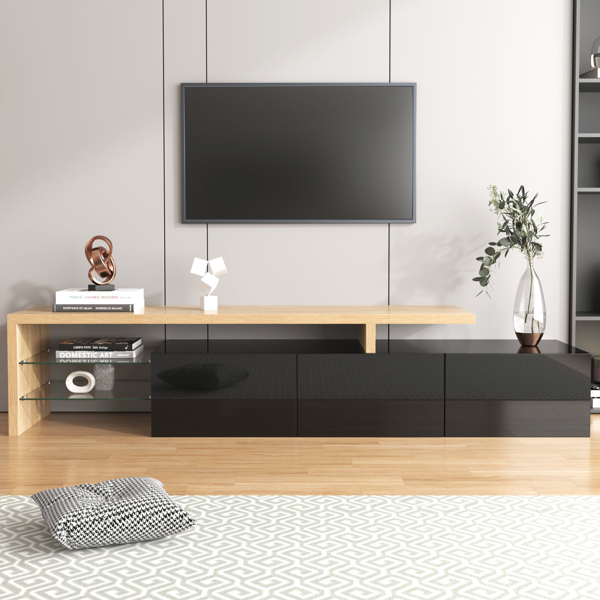 Logidon Modern TV-meubel 197,5 centimeter hoogglans zwarte LED-verlichting
