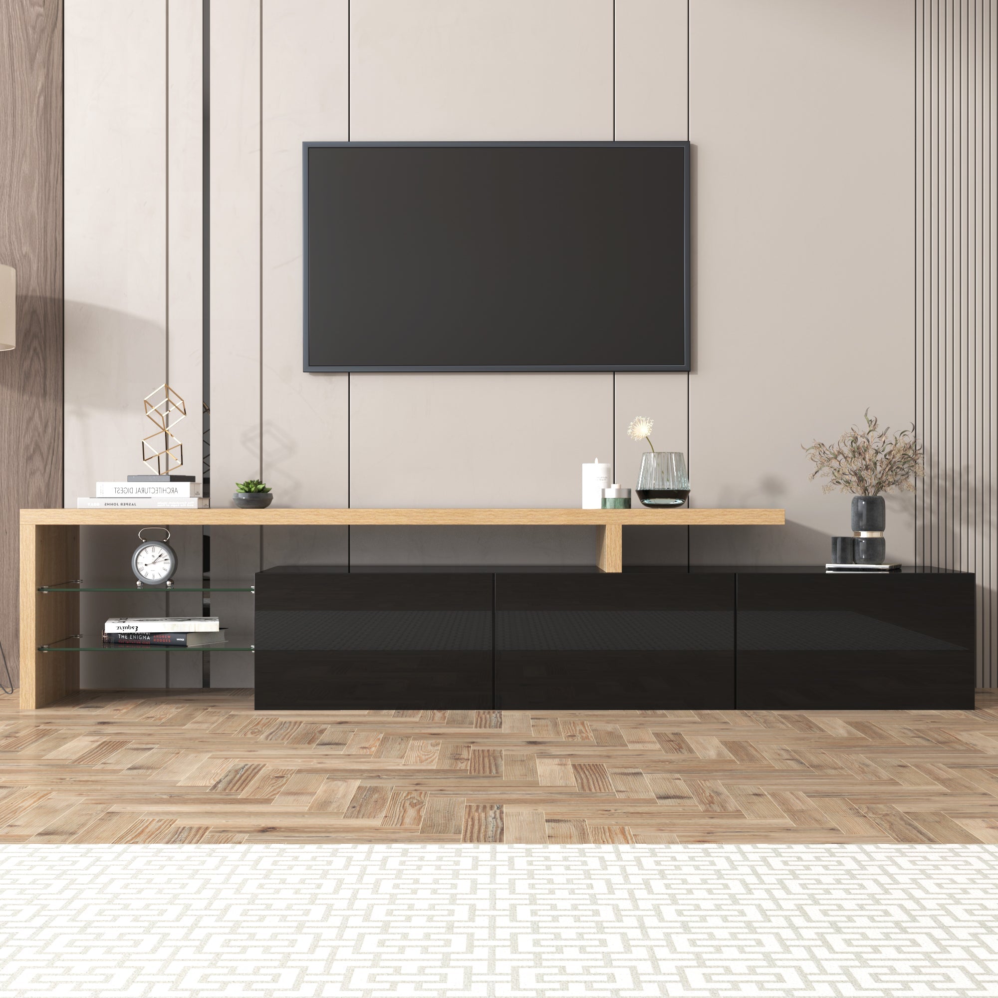 Logidon Modern TV-meubel 197,5 centimeter hoogglans zwarte LED-verlichting