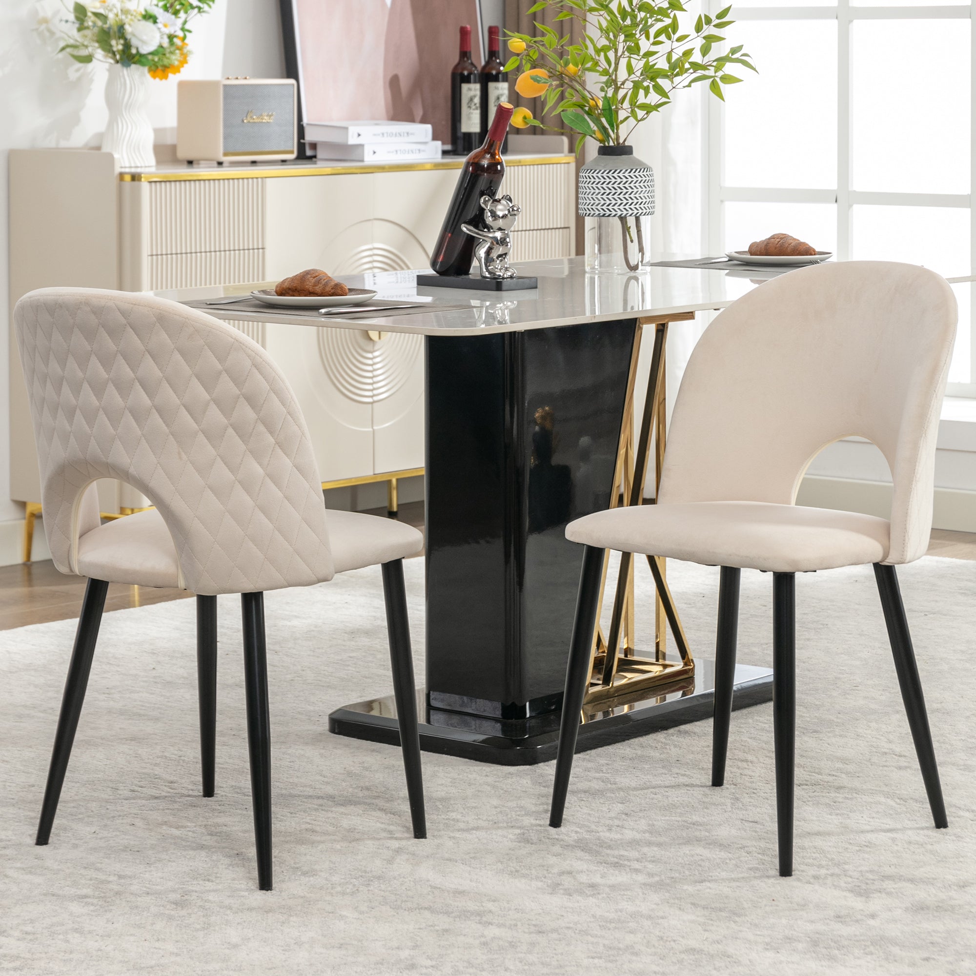 Logidon Dining Chair Set of 2 Beige Velvet with Padded Backrest