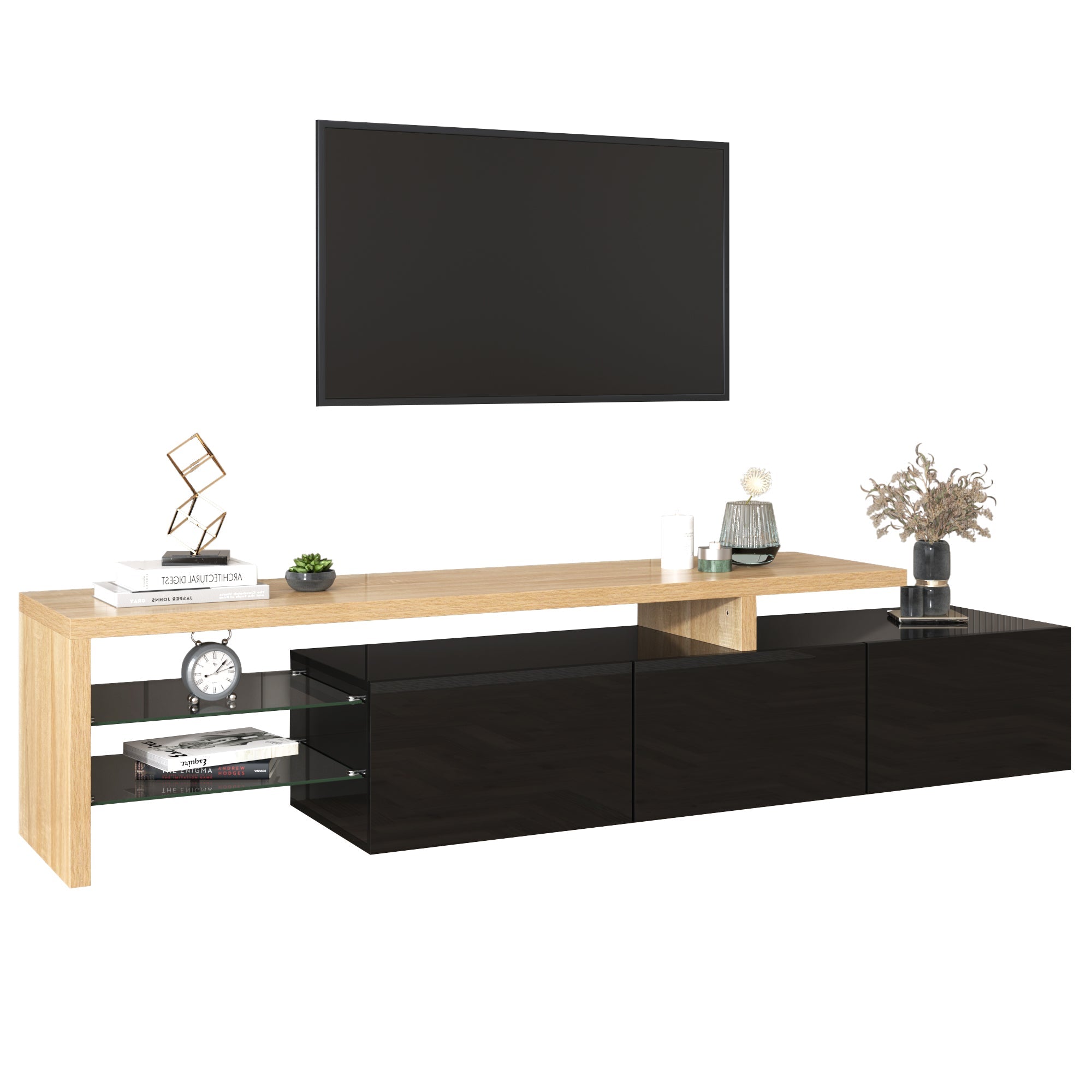Logidon Modern TV-meubel 197,5 centimeter hoogglans zwarte LED-verlichting