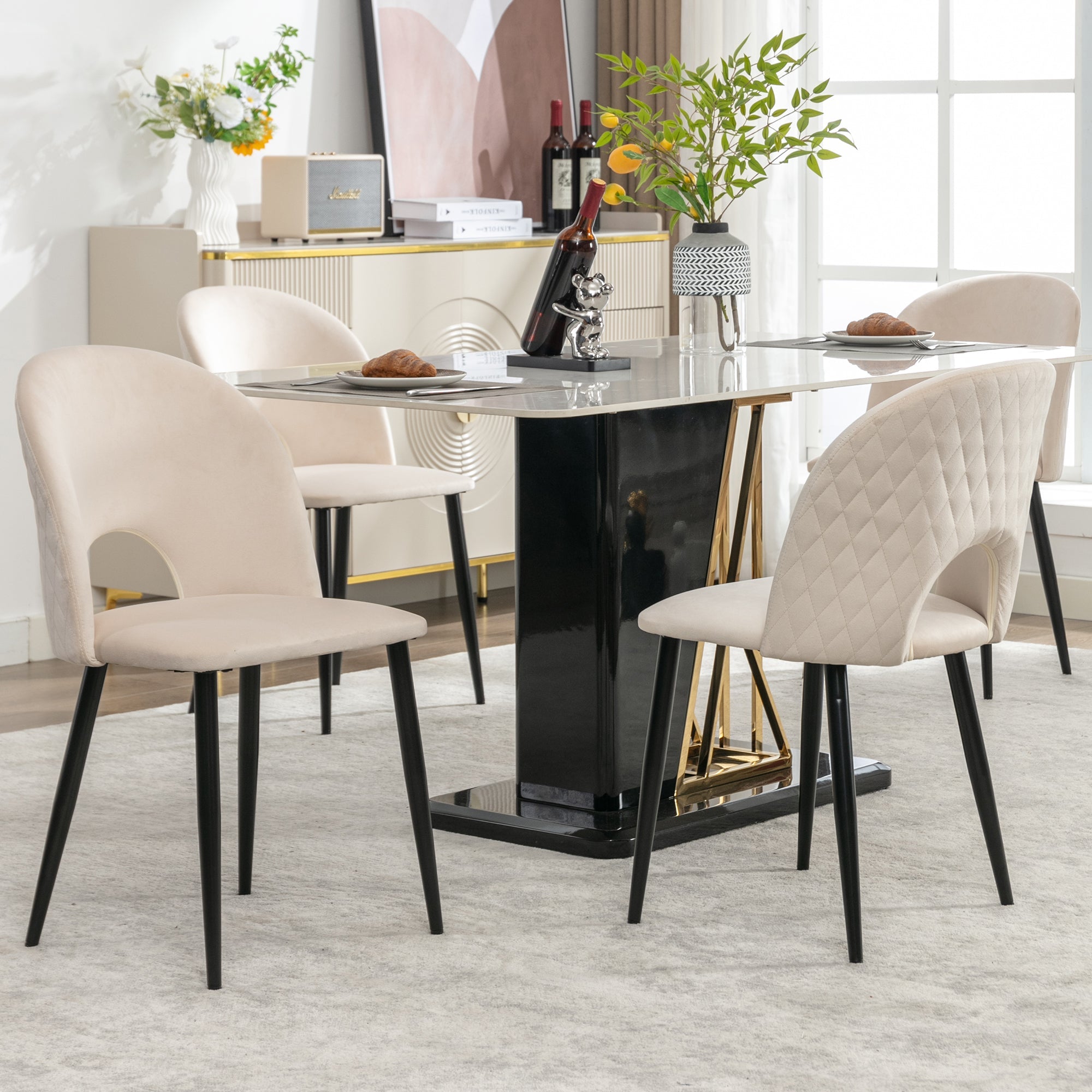 Logidon Dining Chair Beige Velvet Diamond Pattern Backrest