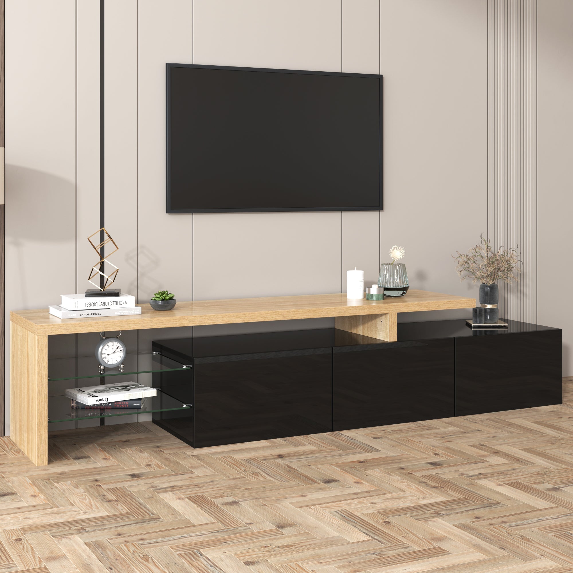 Logidon Modern TV-meubel 197,5 centimeter hoogglans zwarte LED-verlichting