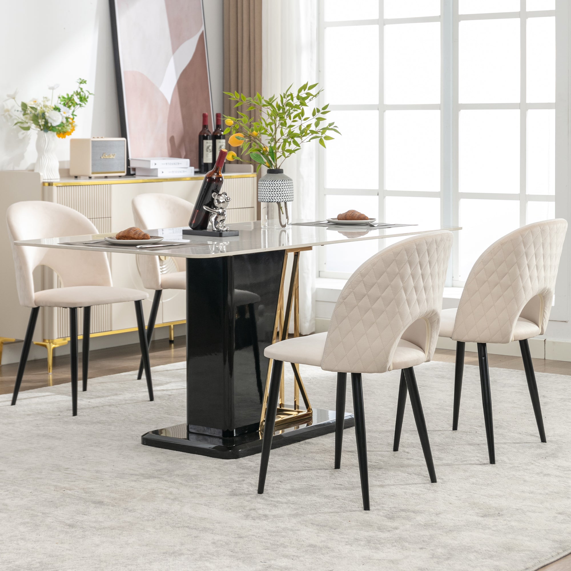 Logidon Dining Chair Beige Velvet Diamond Pattern Backrest