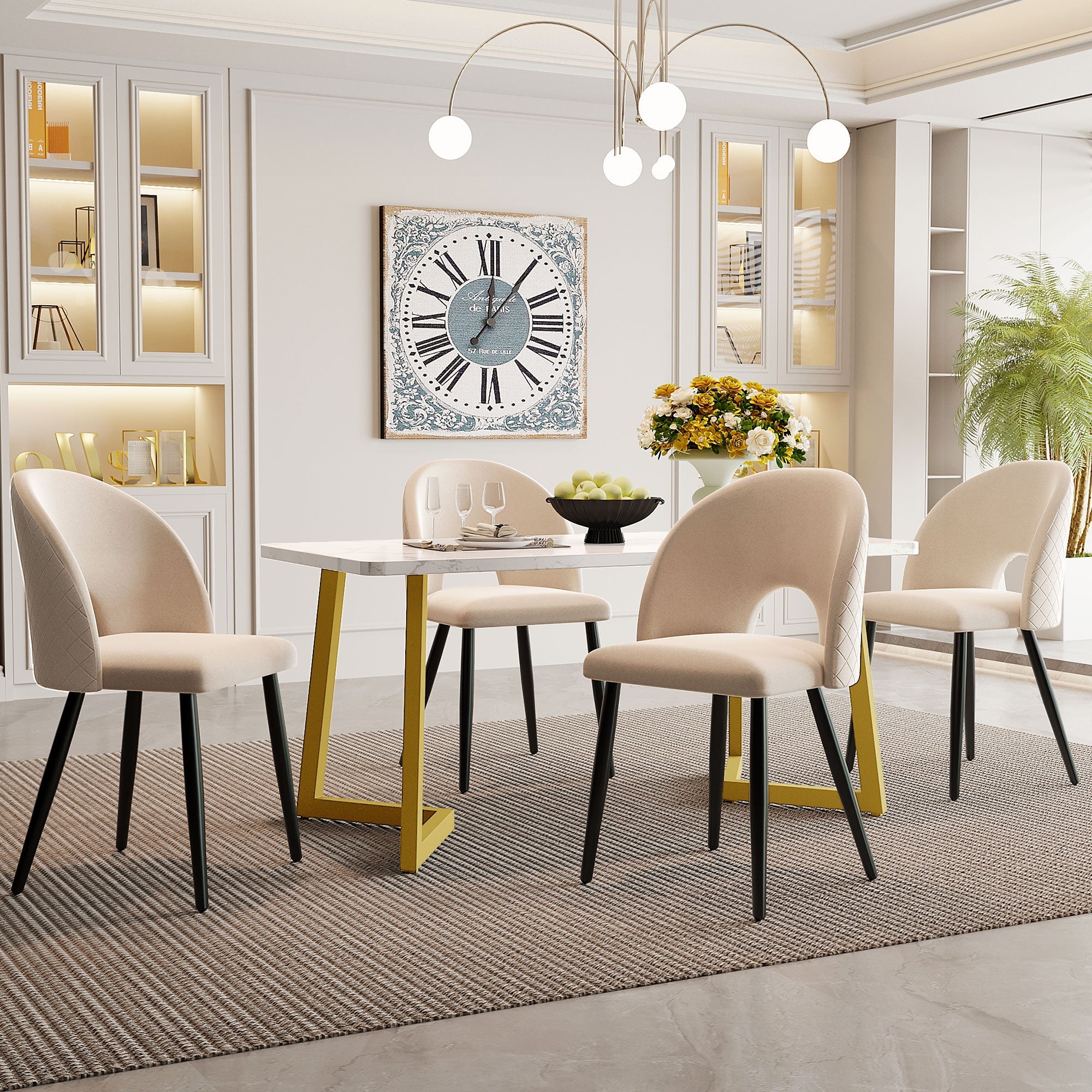Logidon eetgroep 117x68 cm tafel beige fluwelen stoelen gouden poten