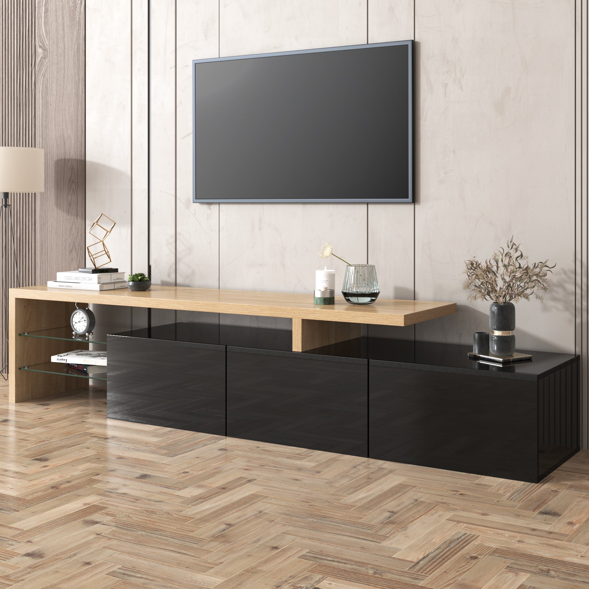 Logidon Modern TV-meubel 197,5 centimeter hoogglans zwarte LED-verlichting