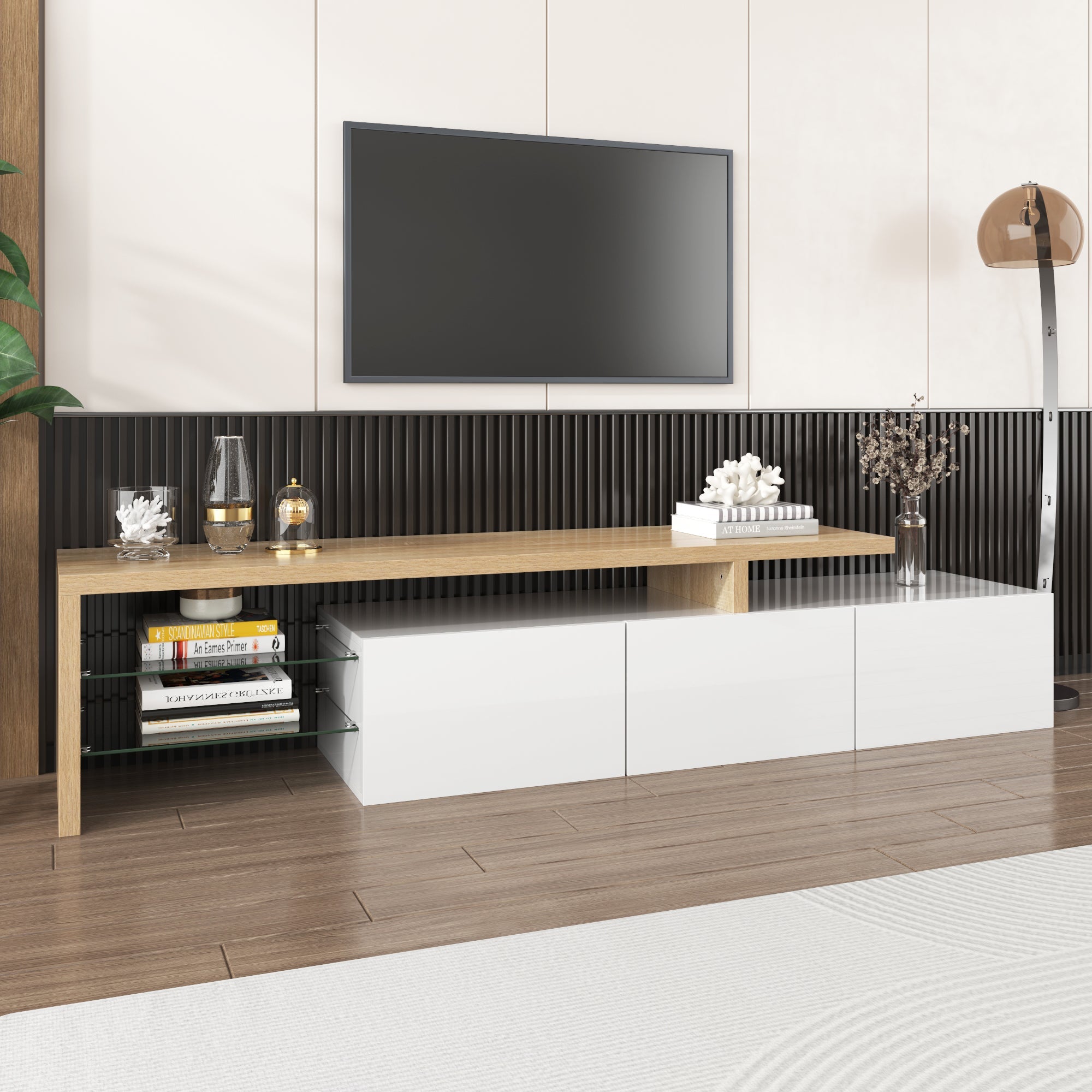 Logidon TV-meubel modern design hoogglans wit houtlook LED