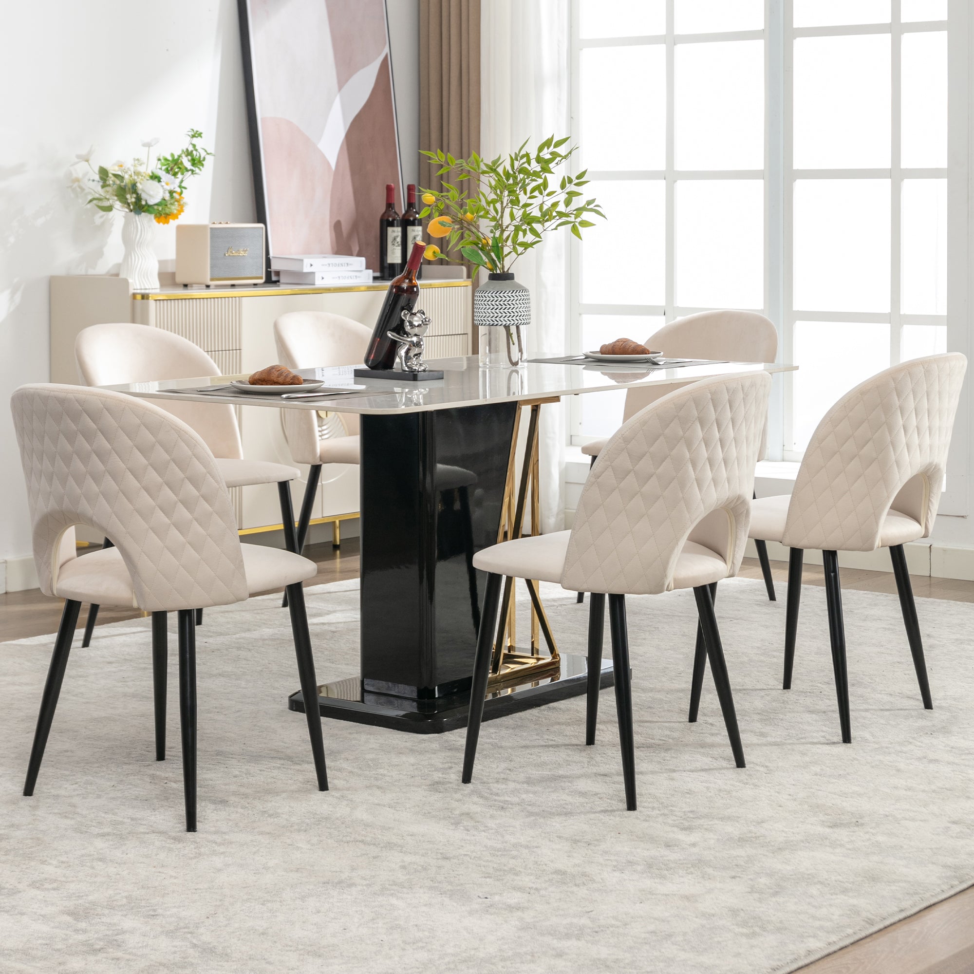 Logidon Eetkamerstoelen Beige Fluweel Set van 6 met Rugleuning
