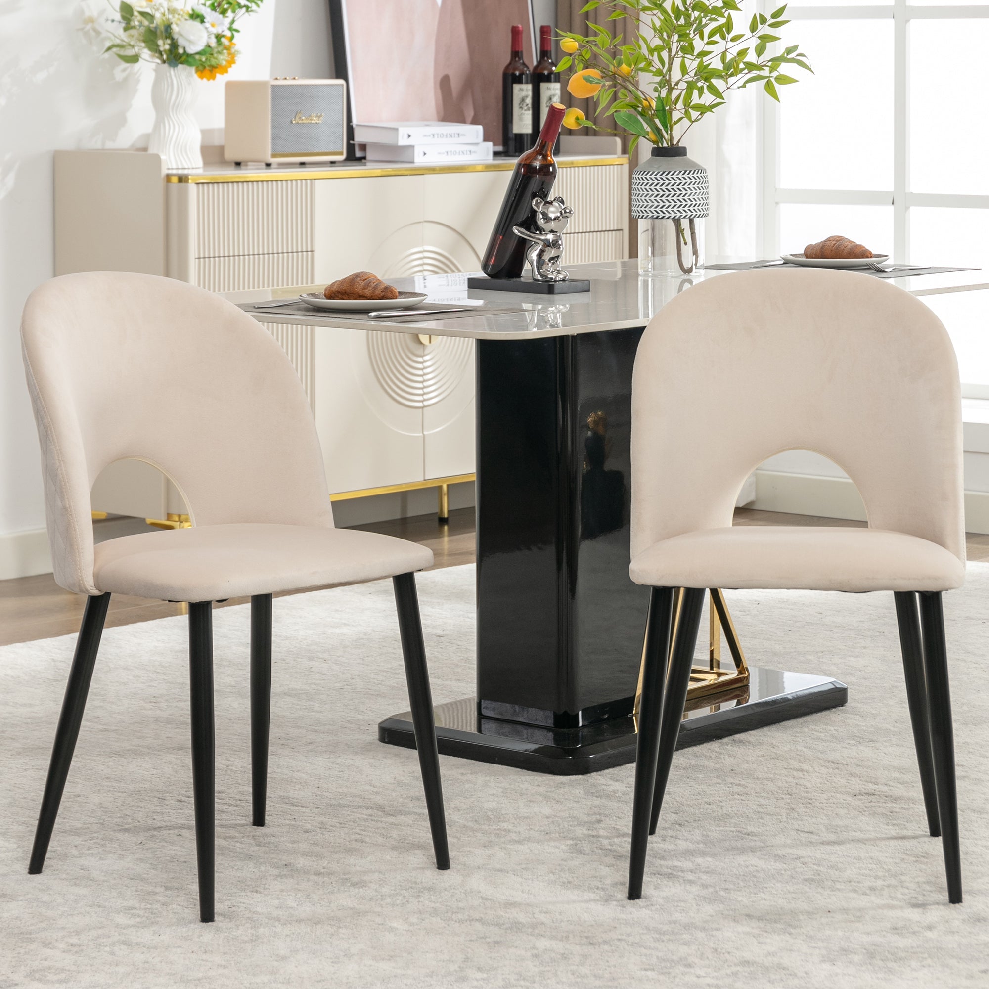 Logidon Dining Chair Set of 2 Beige Velvet with Padded Backrest