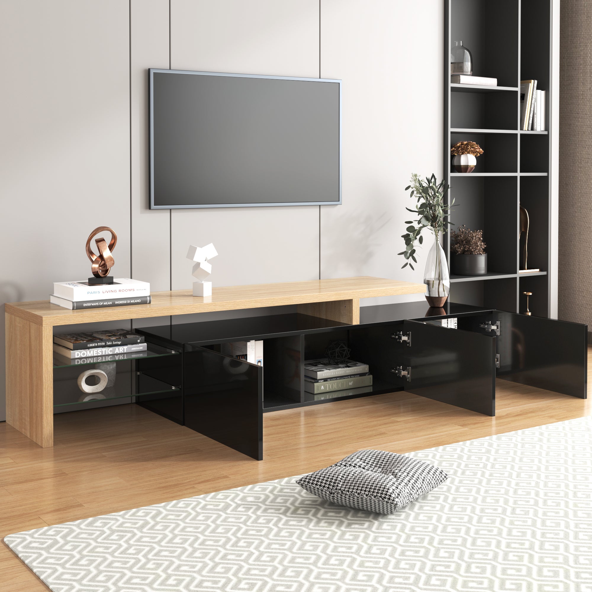 Logidon Modern TV-meubel 197,5 centimeter hoogglans zwarte LED-verlichting
