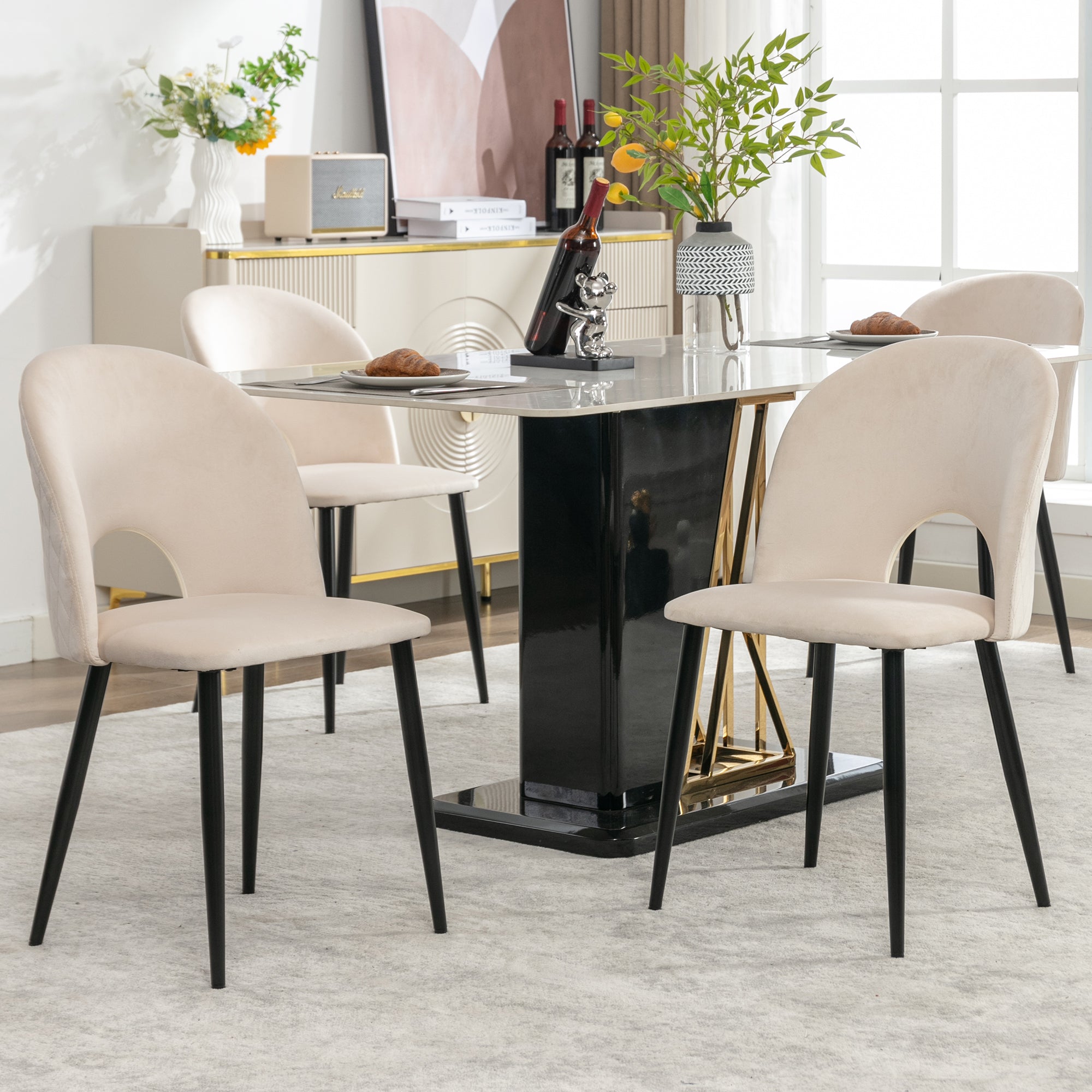 Logidon Dining Chair Beige Velvet Diamond Pattern Backrest