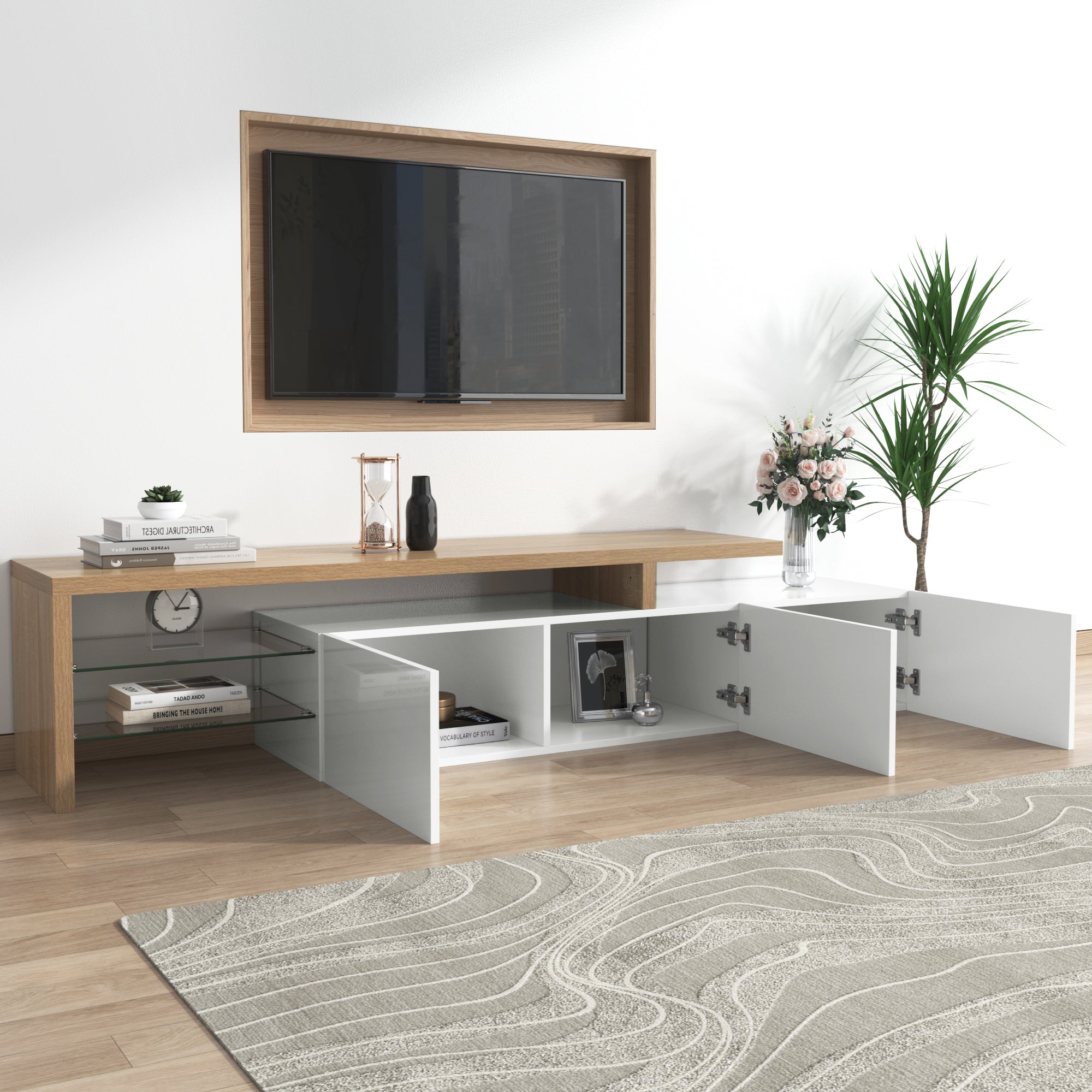 Logidon TV-meubel modern design hoogglans wit houtlook LED