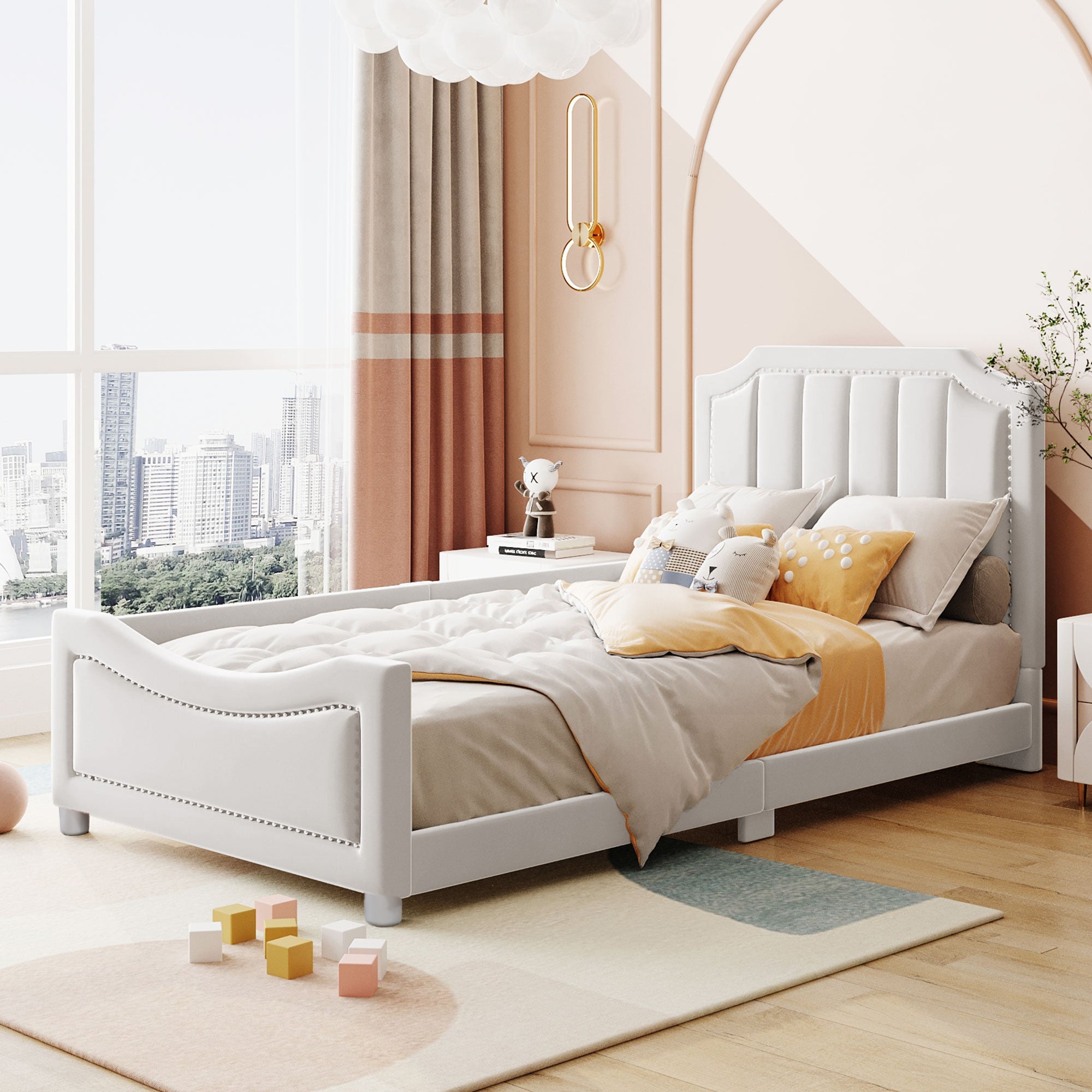 Logidon kinderbed 90x200 beige gestoffeerde slaapbank met rugleuning