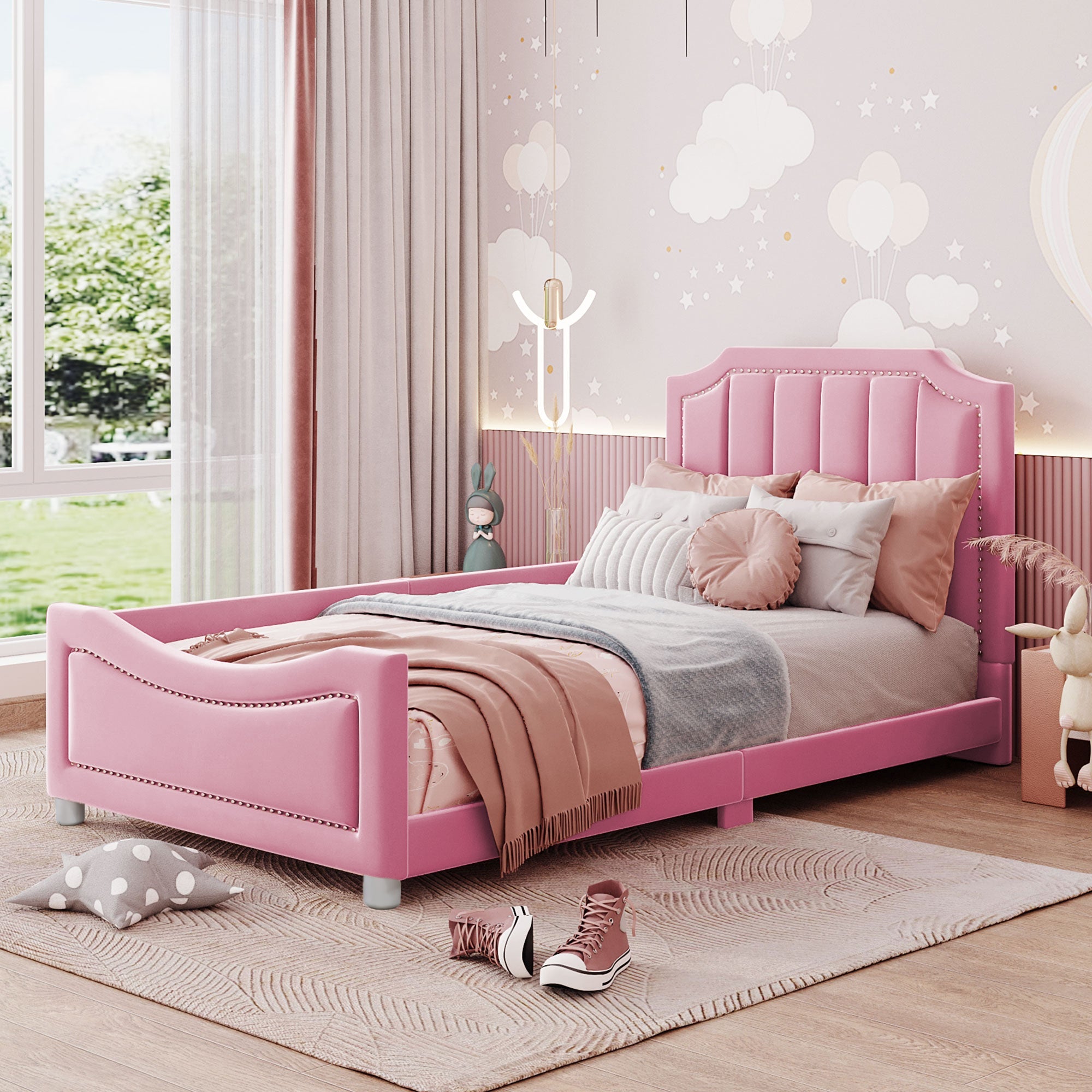Logidon gestoffeerd bed 90x200 cm roze met rugleuning slaapbank