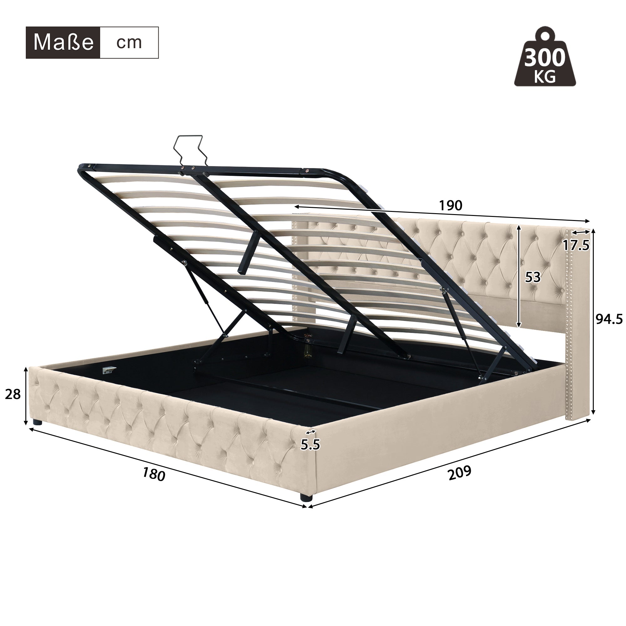Logidon gestoffeerd bed oorvorm beige 180x200 met hydrauliek