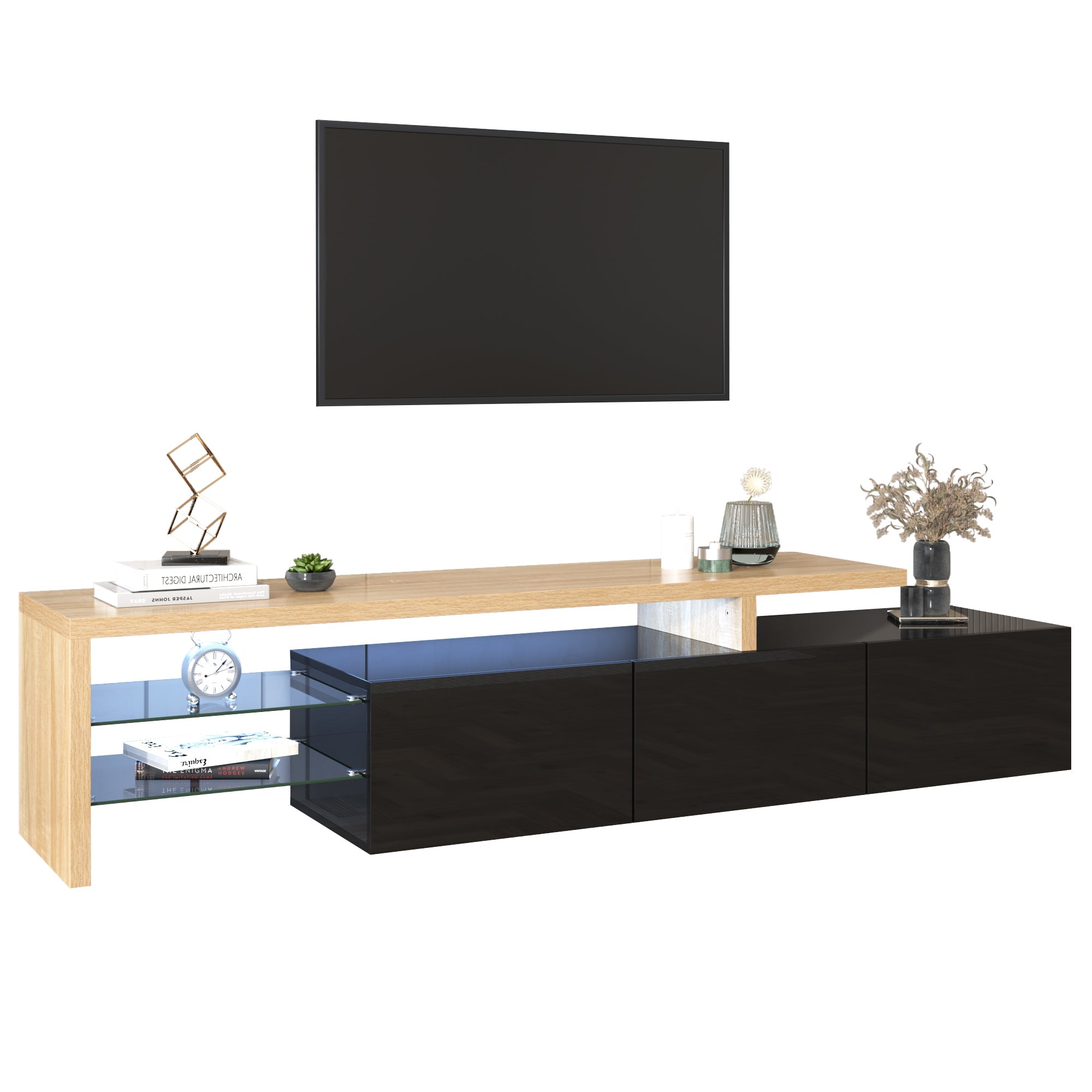 Logidon Modern TV-meubel 197,5 centimeter hoogglans zwarte LED-verlichting