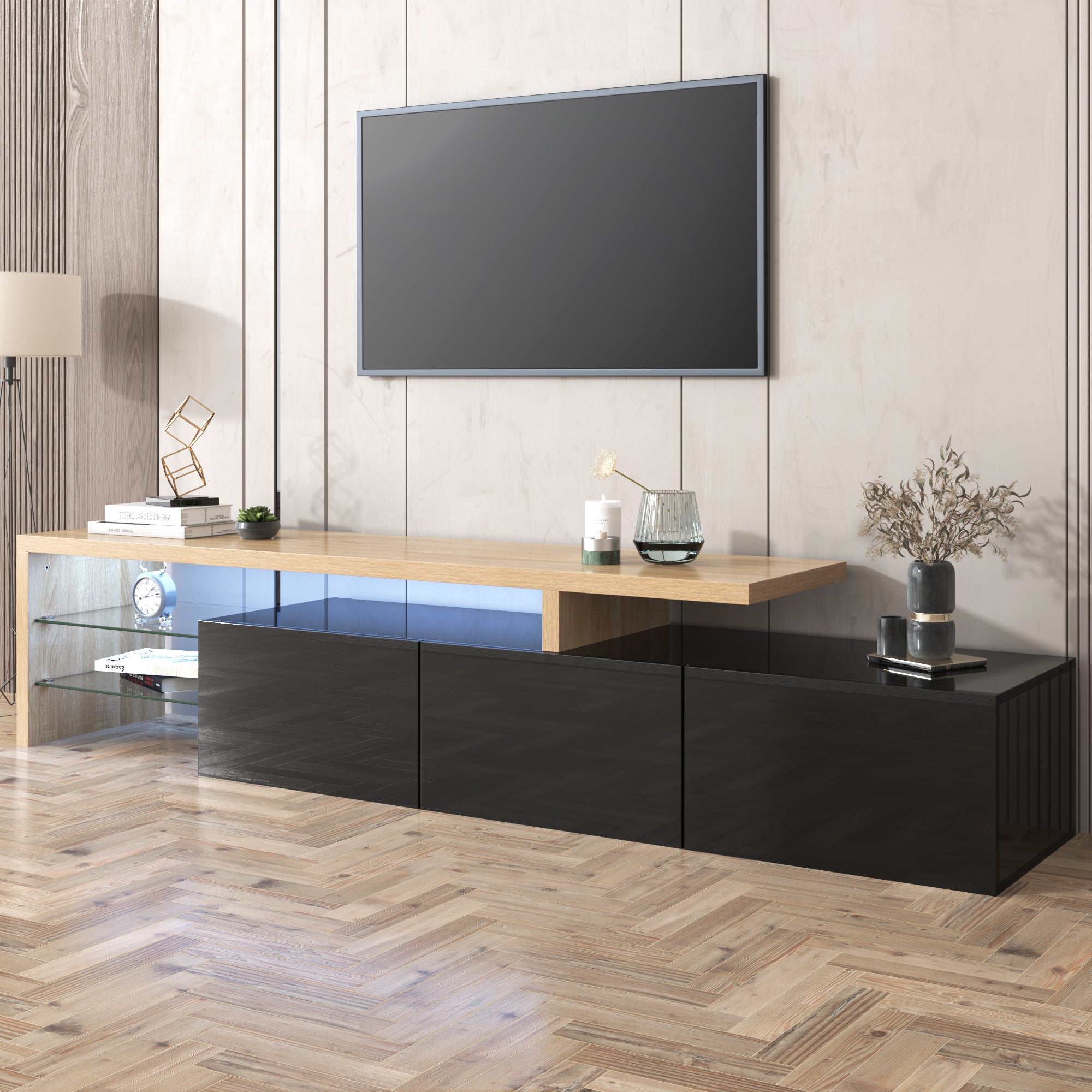 Logidon Modern TV-meubel 197,5 centimeter hoogglans zwarte LED-verlichting