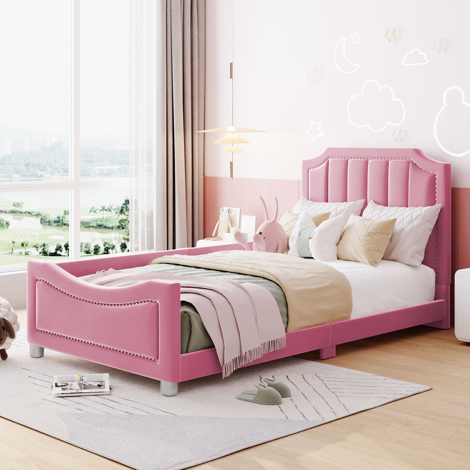 Logidon gestoffeerd bed 90x200 cm roze met rugleuning slaapbank