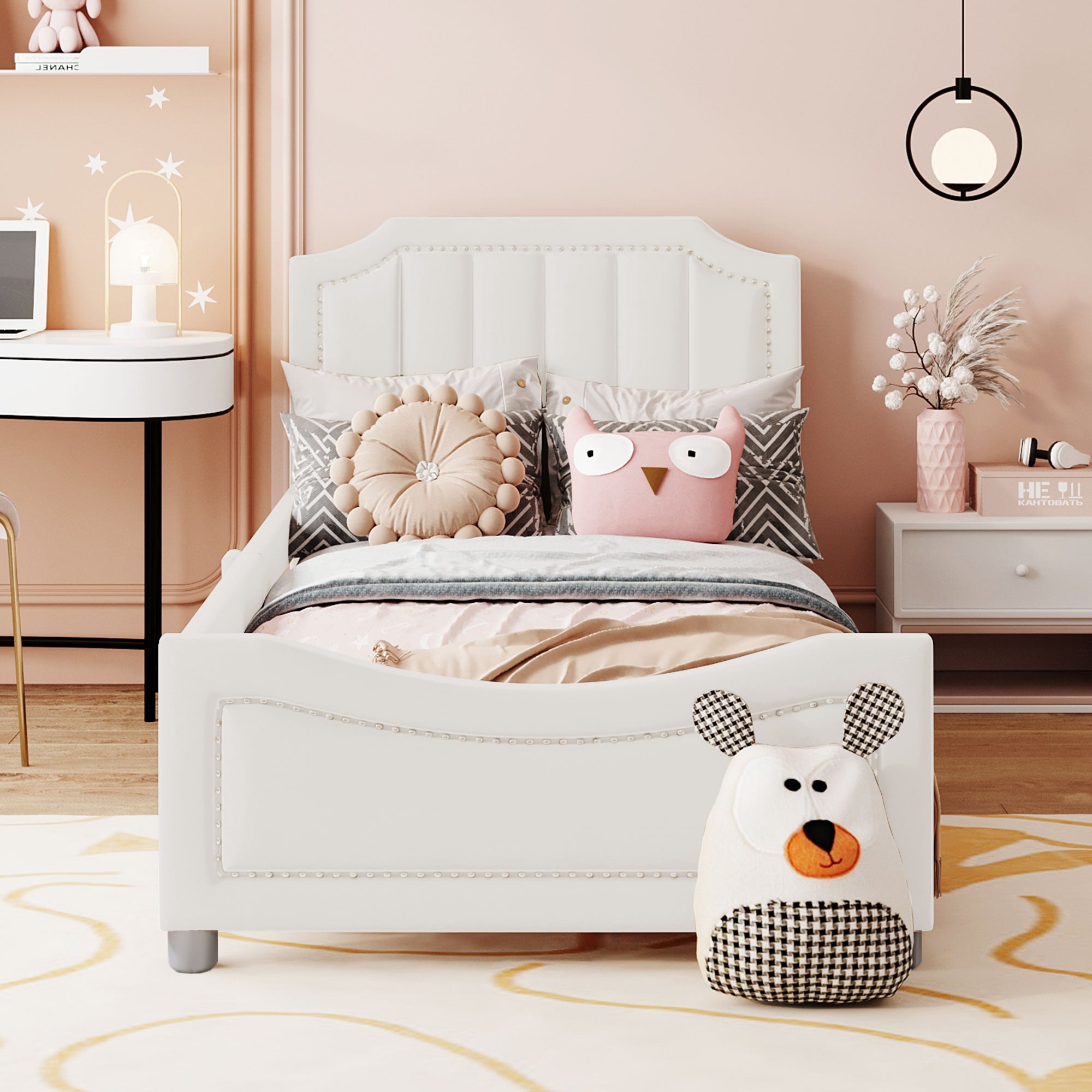 Logidon kinderbed 90x200 beige gestoffeerde slaapbank met rugleuning