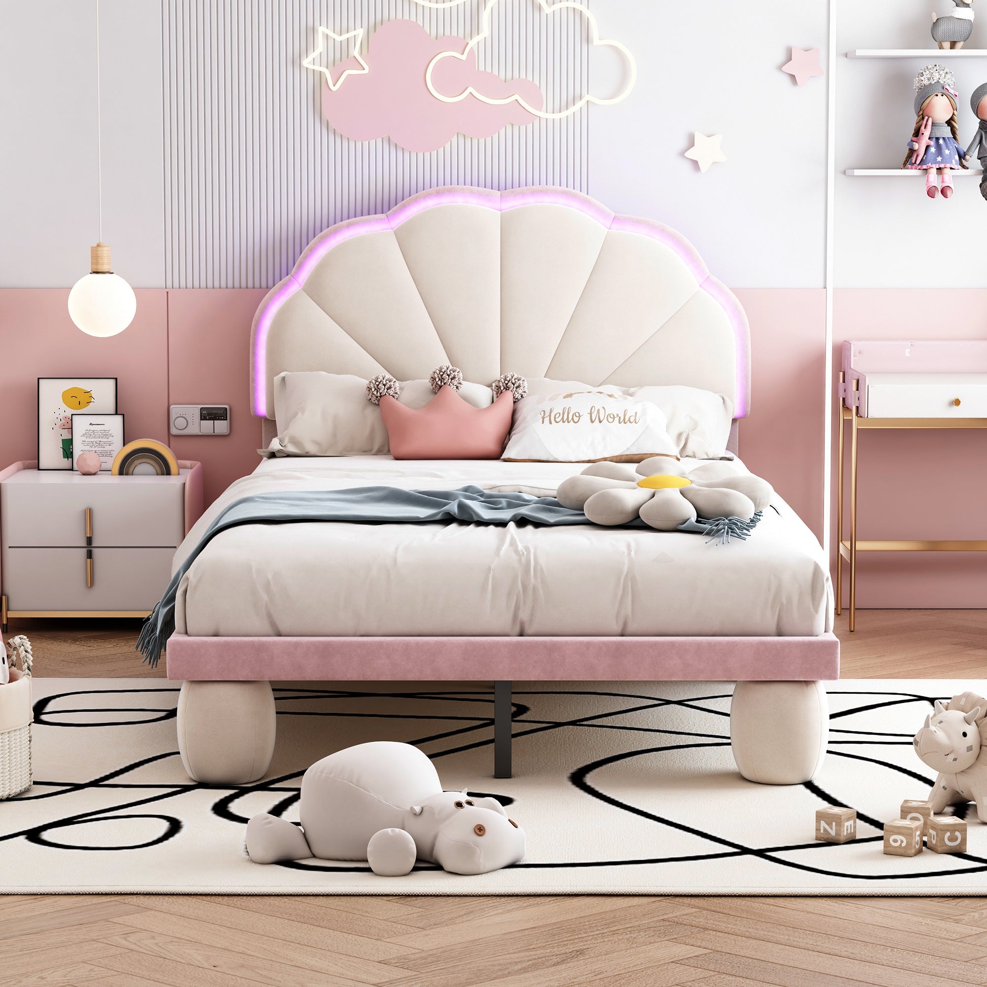 Logidon gestoffeerd bed 90x200 cm met LED-lichtstrips beige roze