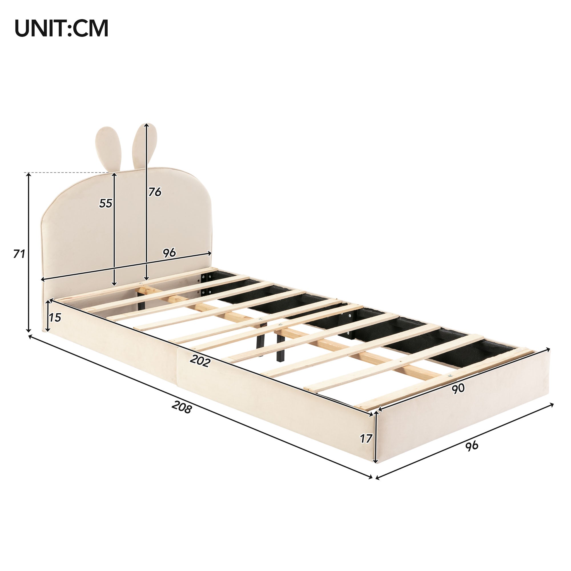 Logidon konijnenhoofdbord gestoffeerd bed eenpersoonsbed 90x200 cm beige fluweel