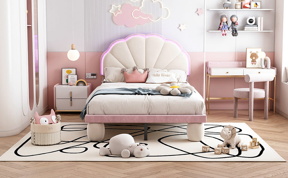 Logidon gestoffeerd bed 90x200 cm met LED-lichtstrips beige roze