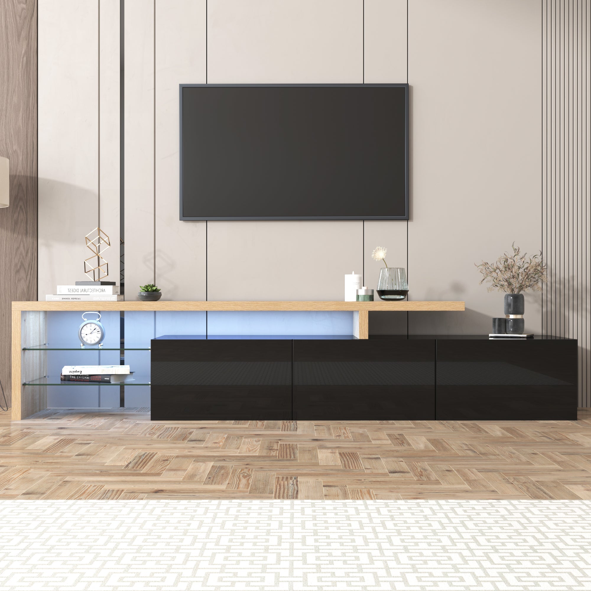 Logidon Modern TV-meubel 197,5 centimeter hoogglans zwarte LED-verlichting