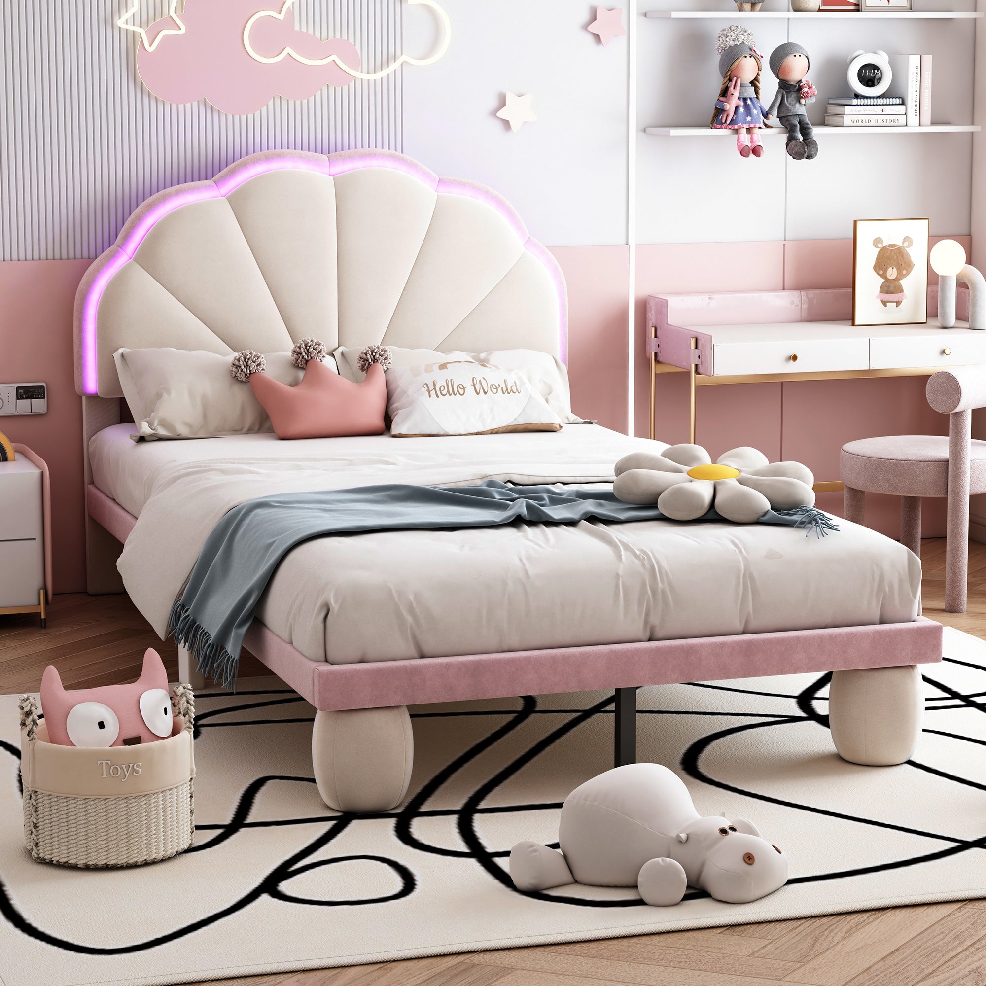 Logidon gestoffeerd bed 90x200 cm met LED-lichtstrips beige roze