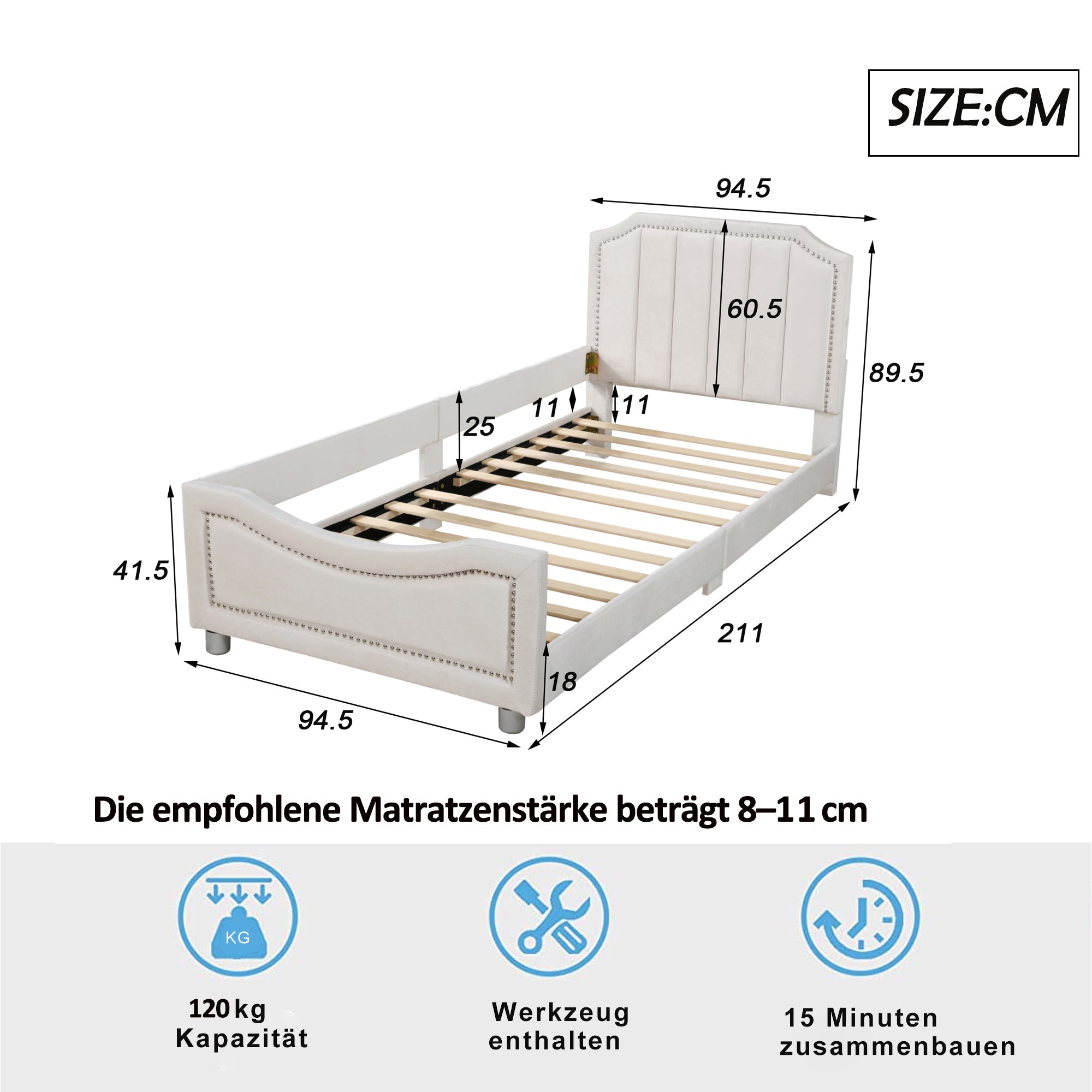 Logidon kinderbed 90x200 beige gestoffeerde slaapbank met rugleuning