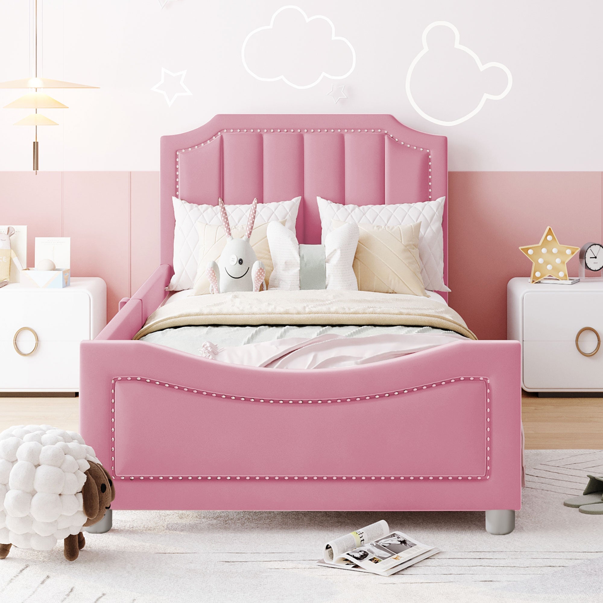 Logidon gestoffeerd bed 90x200 cm roze met rugleuning slaapbank