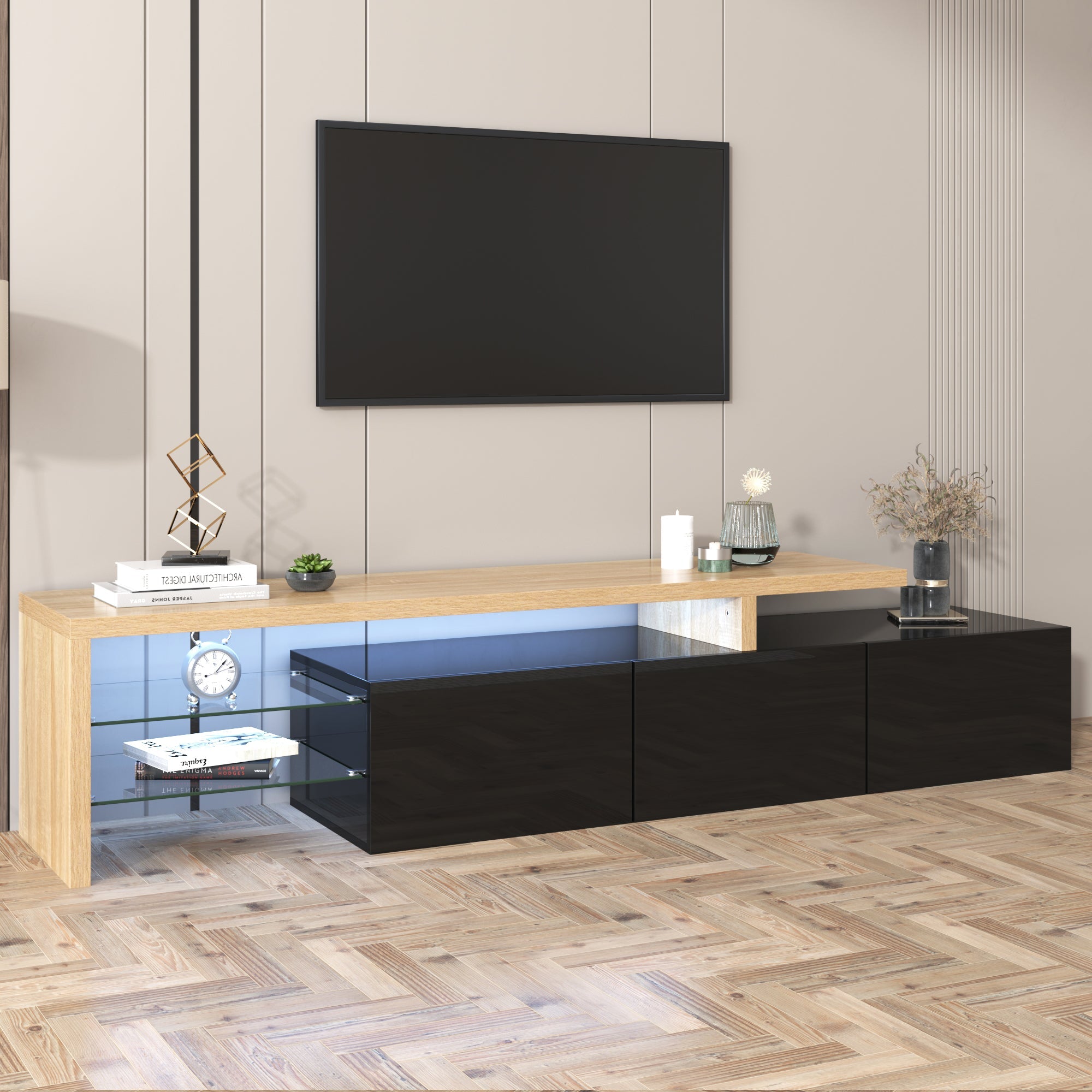 Logidon Modern TV-meubel 197,5 centimeter hoogglans zwarte LED-verlichting