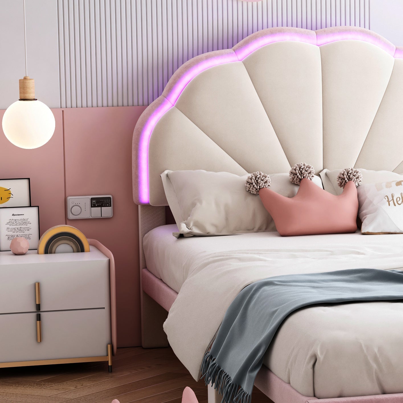 Logidon gestoffeerd bed 90x200 cm met LED-lichtstrips beige roze