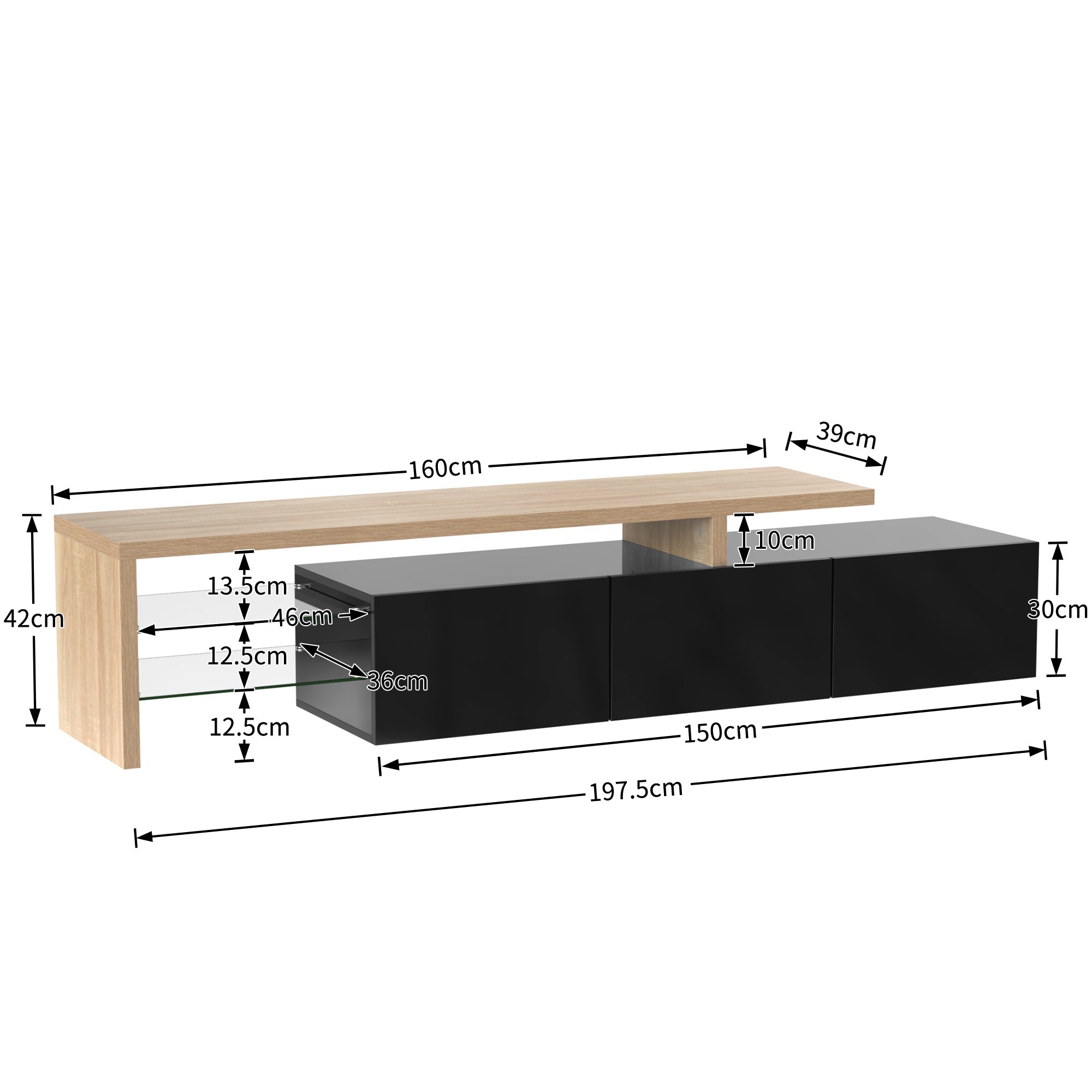 Logidon Modern TV-meubel 197,5 centimeter hoogglans zwarte LED-verlichting
