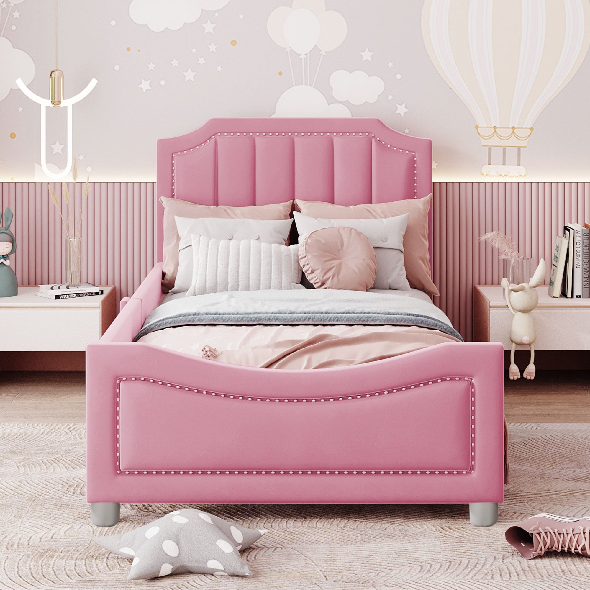 Logidon gestoffeerd bed 90x200 cm roze met rugleuning slaapbank